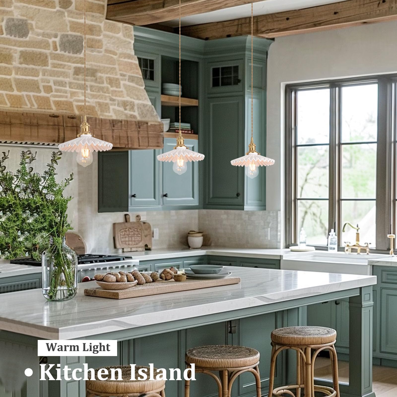 Shenmoyl Pendant Light With White Pleated Ceramic Lmapshade, Brass Vintage Pendant Light Adjustable Hanging Light For Kitchen Is