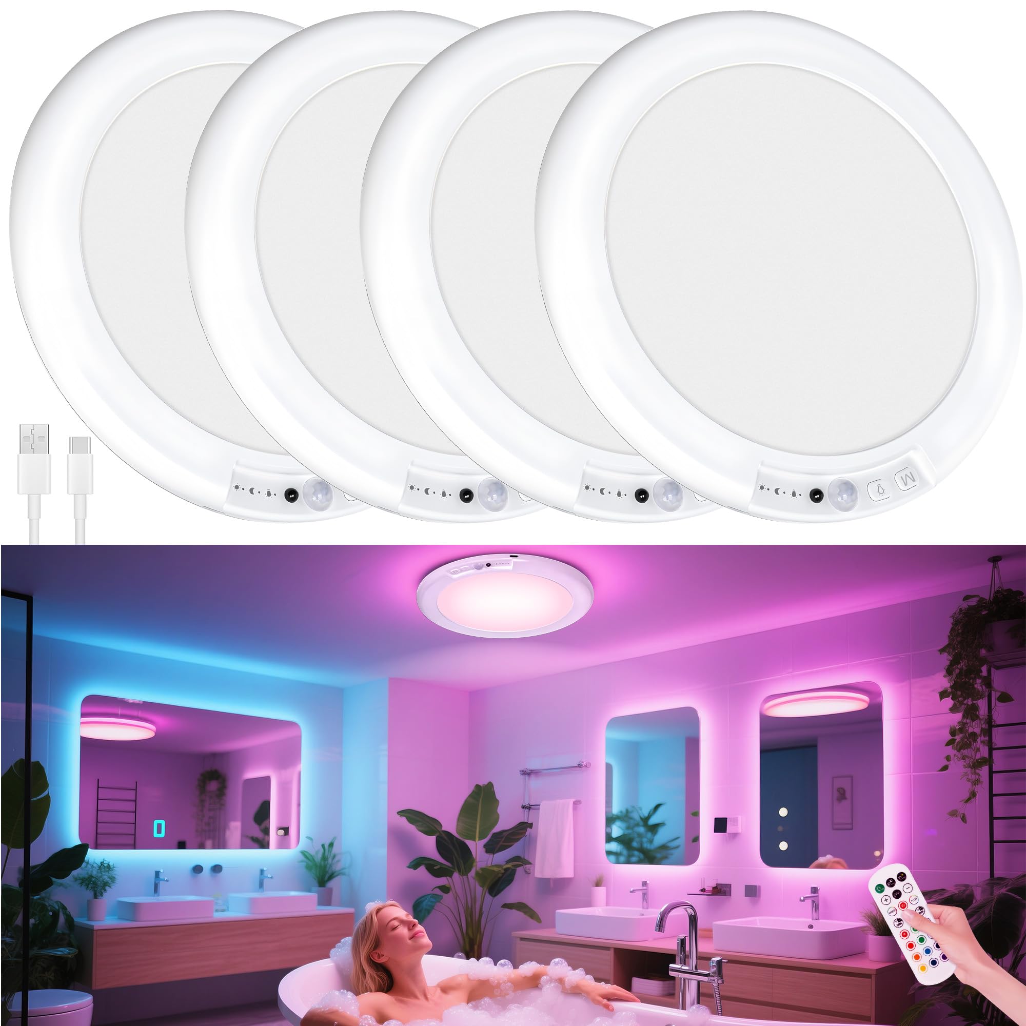 Maylit Shower Lights 4 Pack  Rgbw Rechargeable Ceiling Light  Waterproof Battery Operated Lamp  Wireless Stick On Inside Motion Sensor Mood Led Lighting For Bathroom No Wiring  Indoor