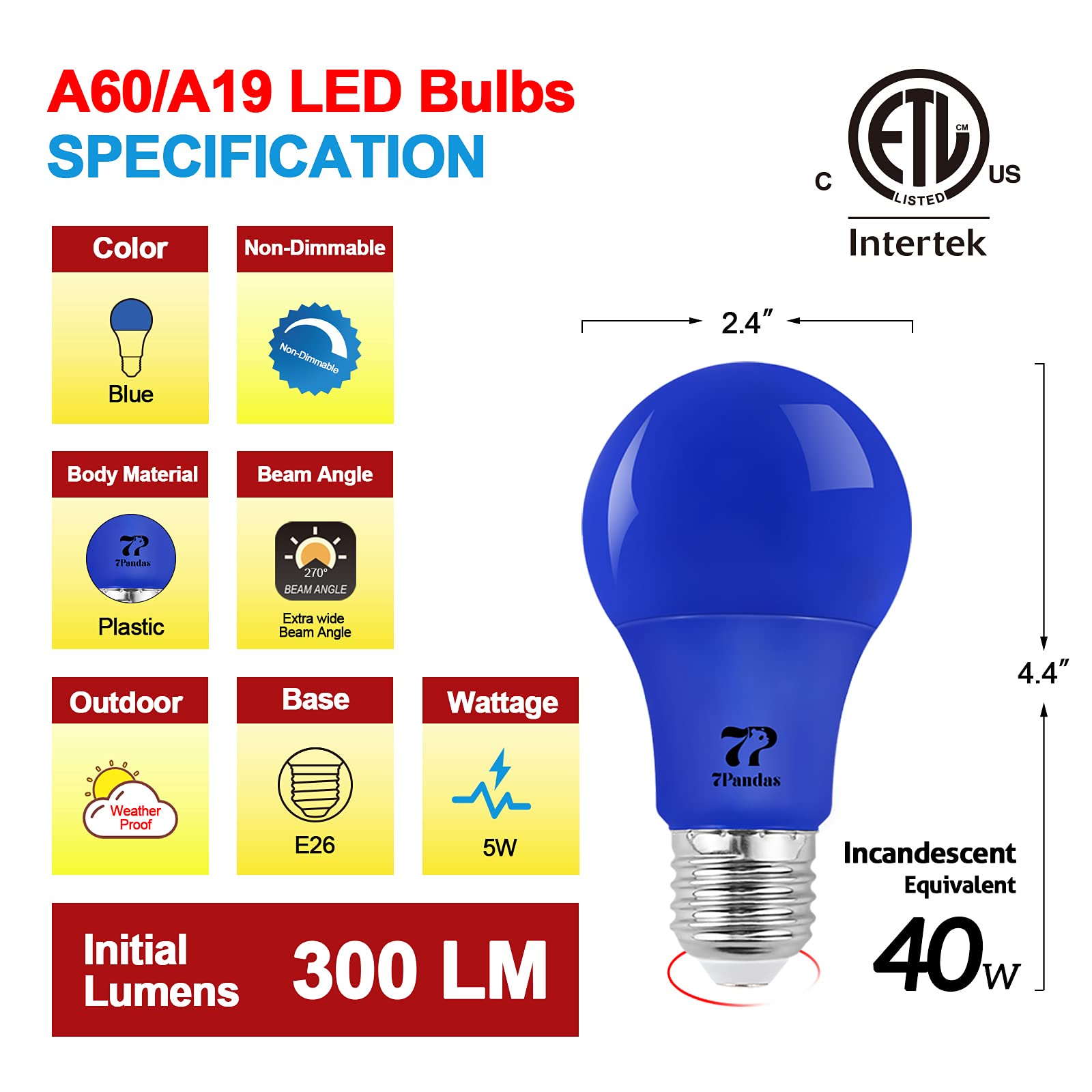 7Pandas A19 Led Blue Light Bulbs, 5W (40W Equivalent) Led Colored Light Bulb E26 Base For Outdoor Porch, Christmas Decoration, P