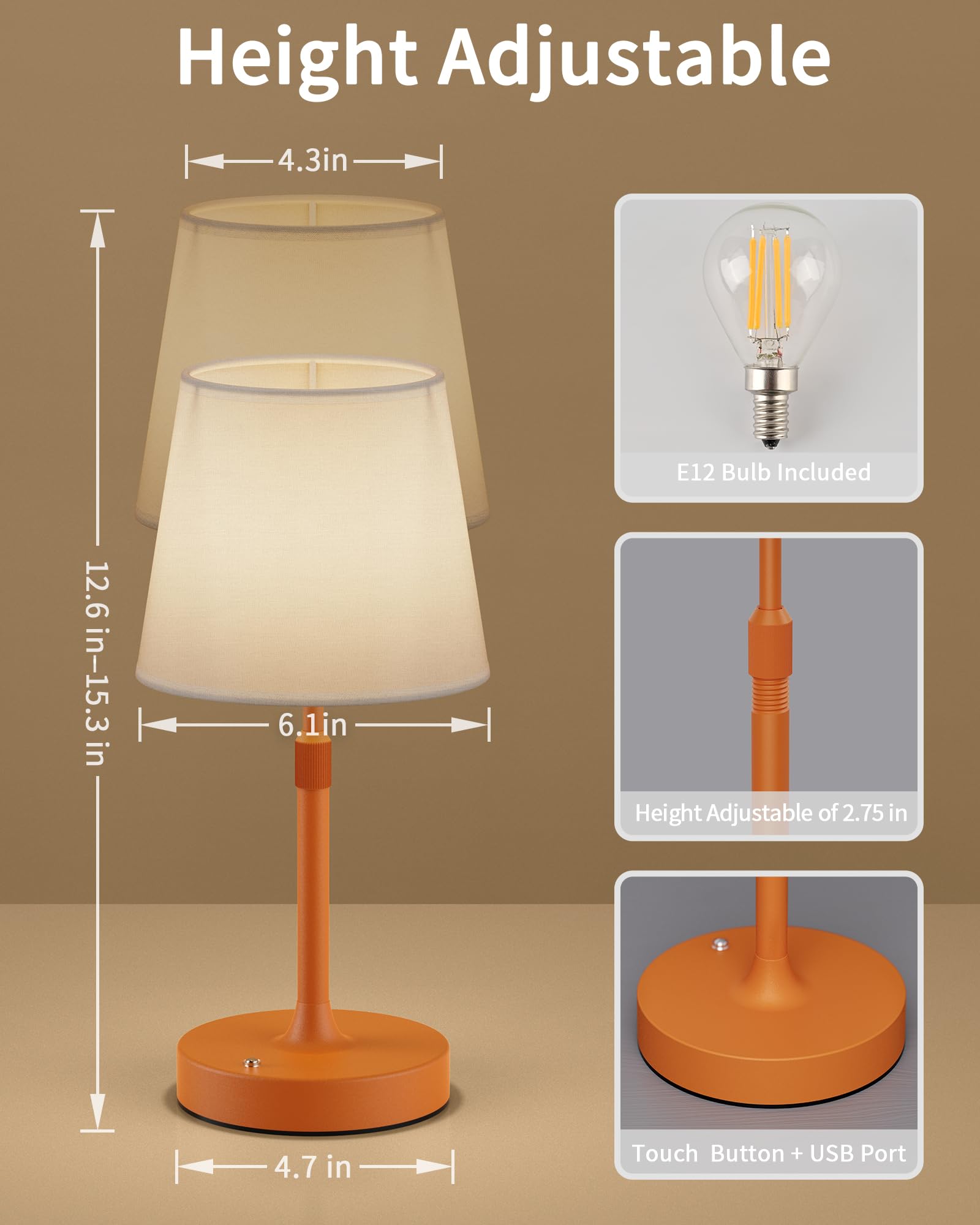 HISEEGO Cordless Lamp - Battery Operated, Rechargeable 5200mAH, Adjustable Height, Stepless Dimming, Iron, 15.3in Flat Shade, Orange