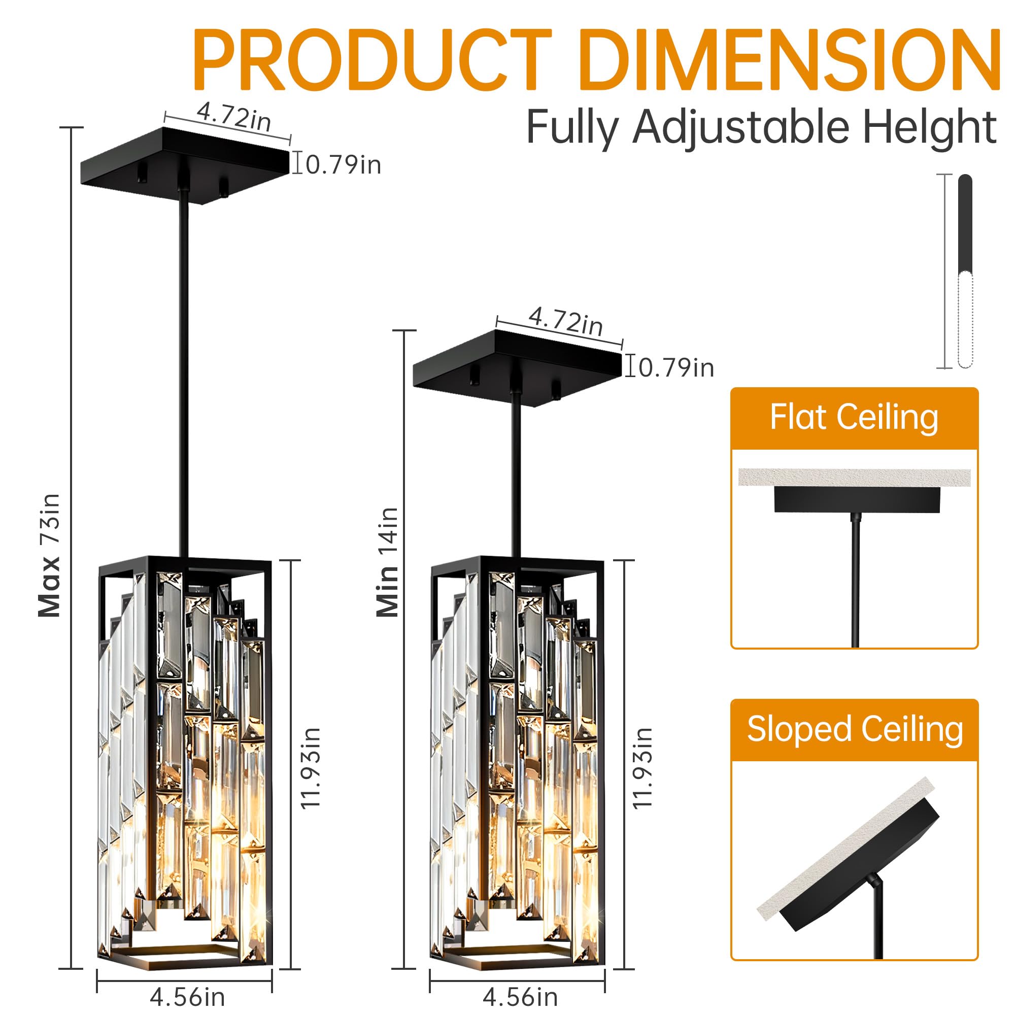 Esfos Black Pendant Lights - 3 Pack Mini Crystal Chandeliers for Kitchen Island, Dining Room, Bedroom - Modern Glass Ceiling Fixtures