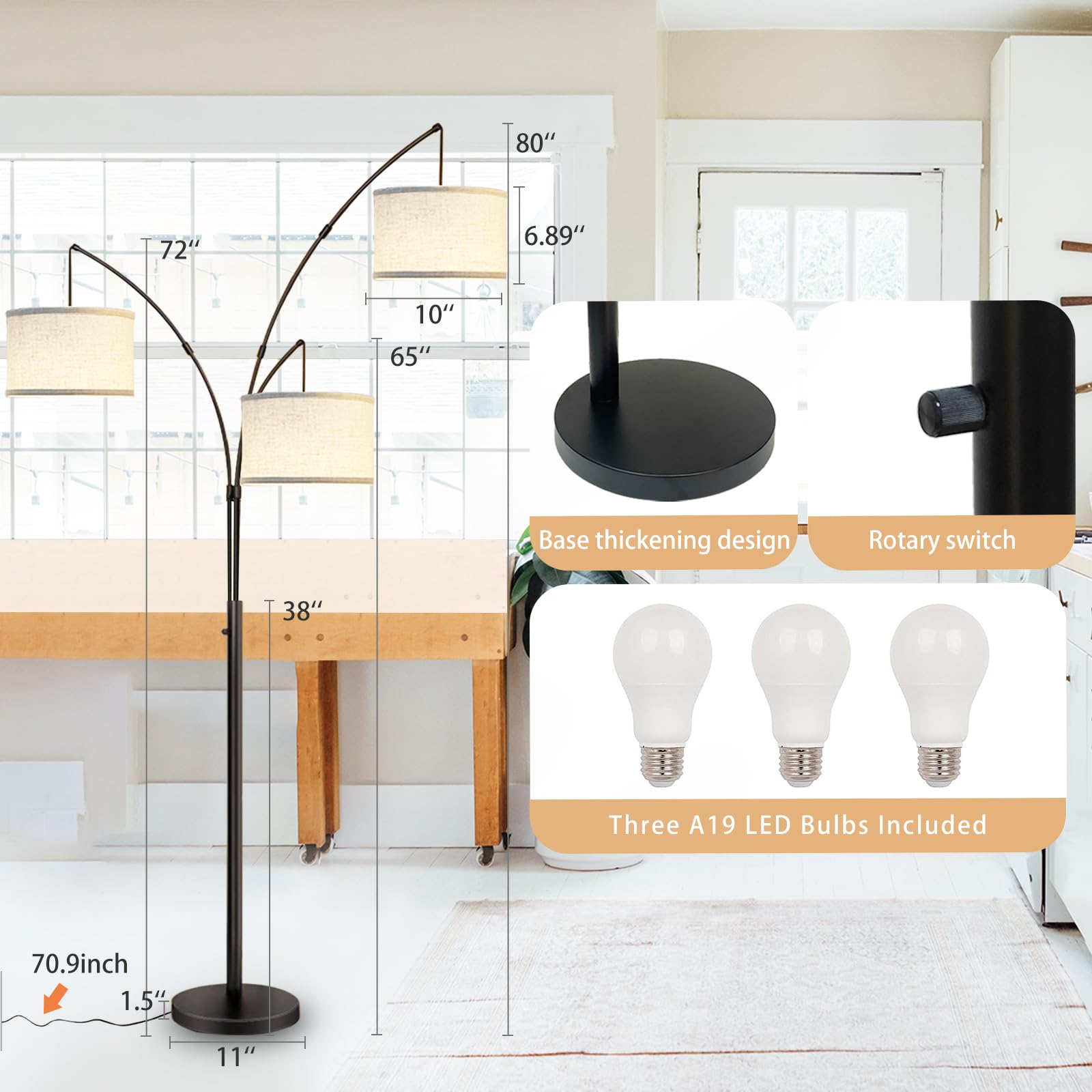 Arc Floor Lamps for Living Room,Modern Mid Century Tall Standing Floor Lamp with Heavy Base for Bedroom Office,3-Light Floor Lam