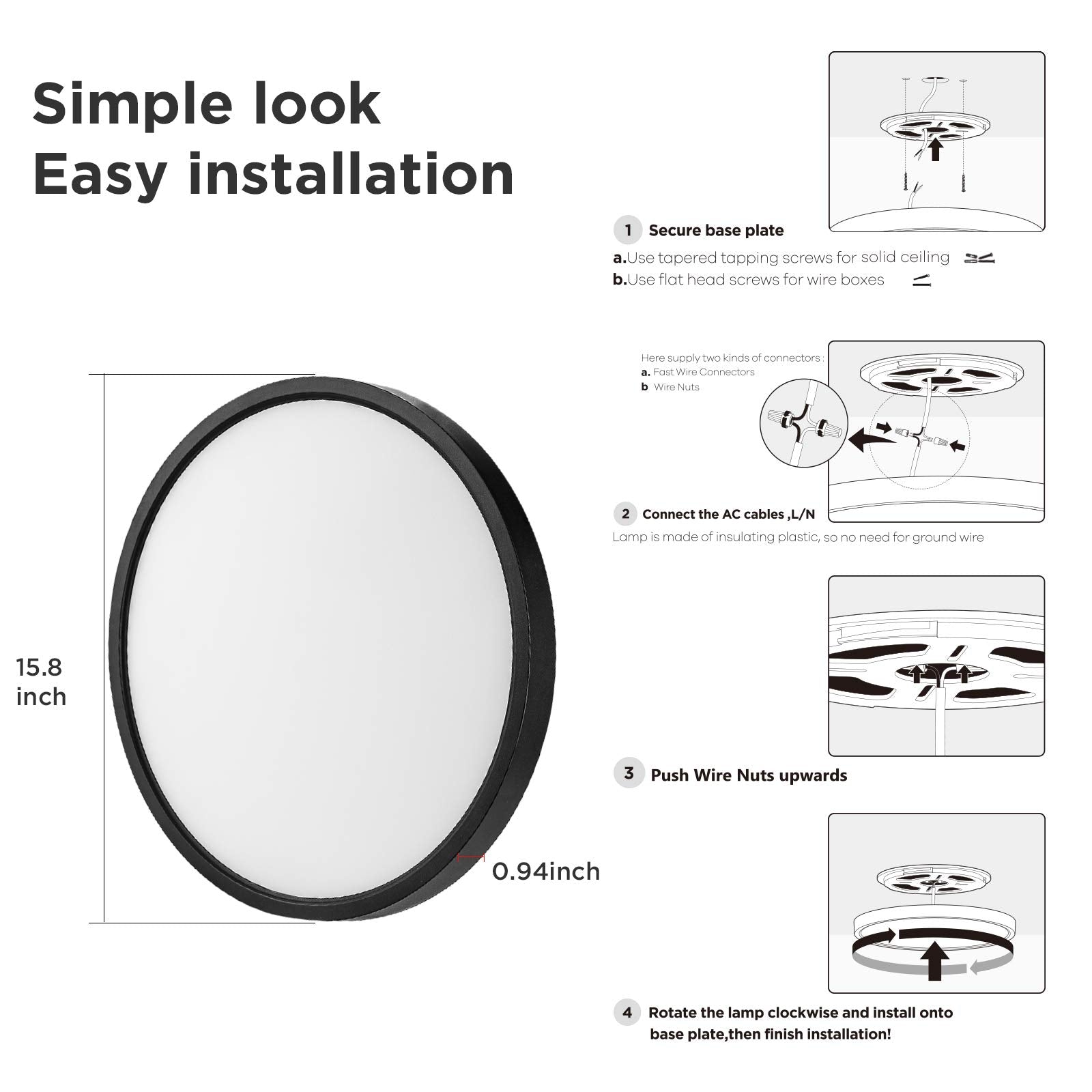 Taloya Upgraded Flush Mount Led Ceiling Light Fixture Dimmable 3 Color In One(3000K/4000K/6500K) Black 15.8Inch 24W=240W For Din