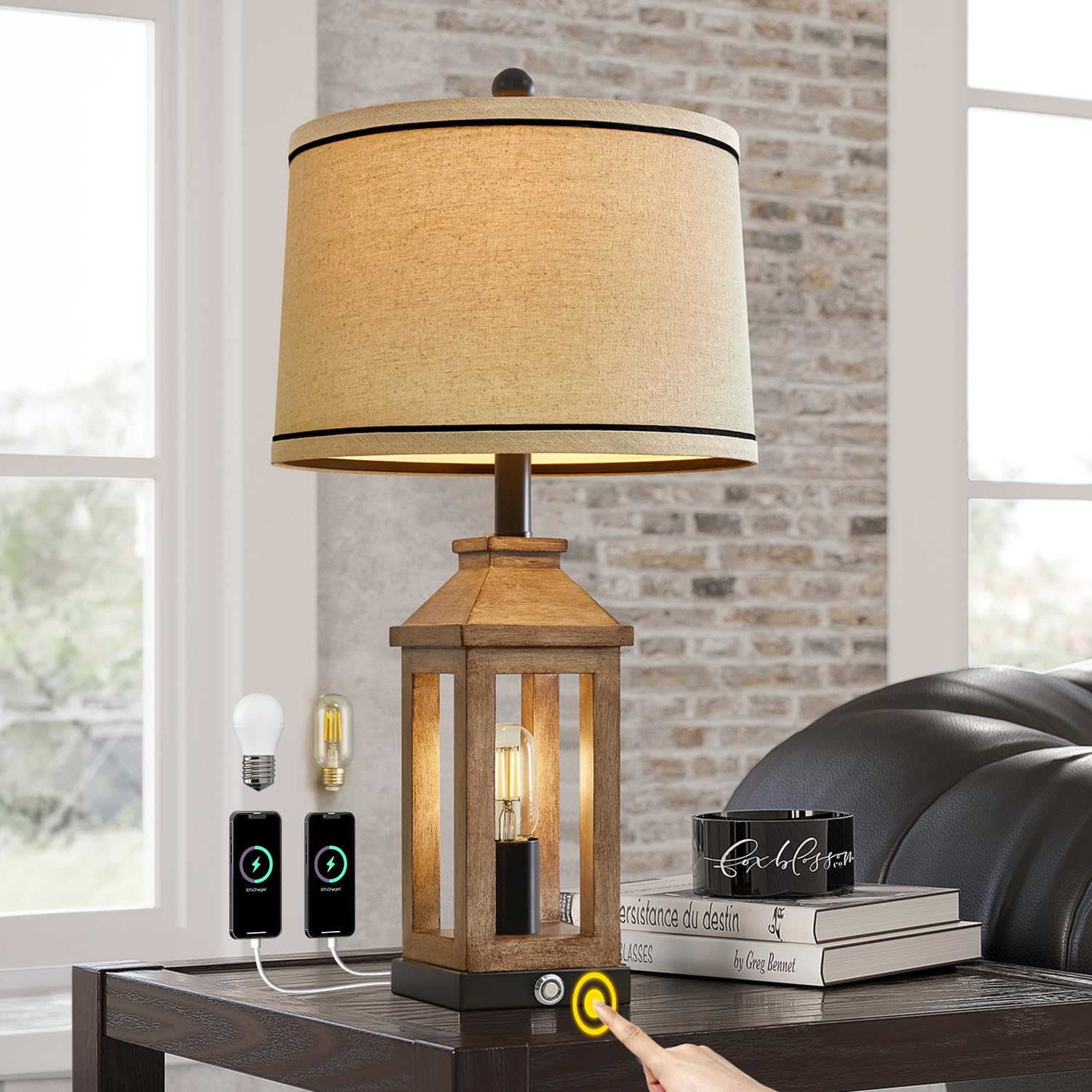 G-SAFAVA 23.75'' Farmhouse Table Lamps USB A+C Charging Ports 3-Way Dimmable Touch Control Lamp Nightlight Vintage Modern Lamp f