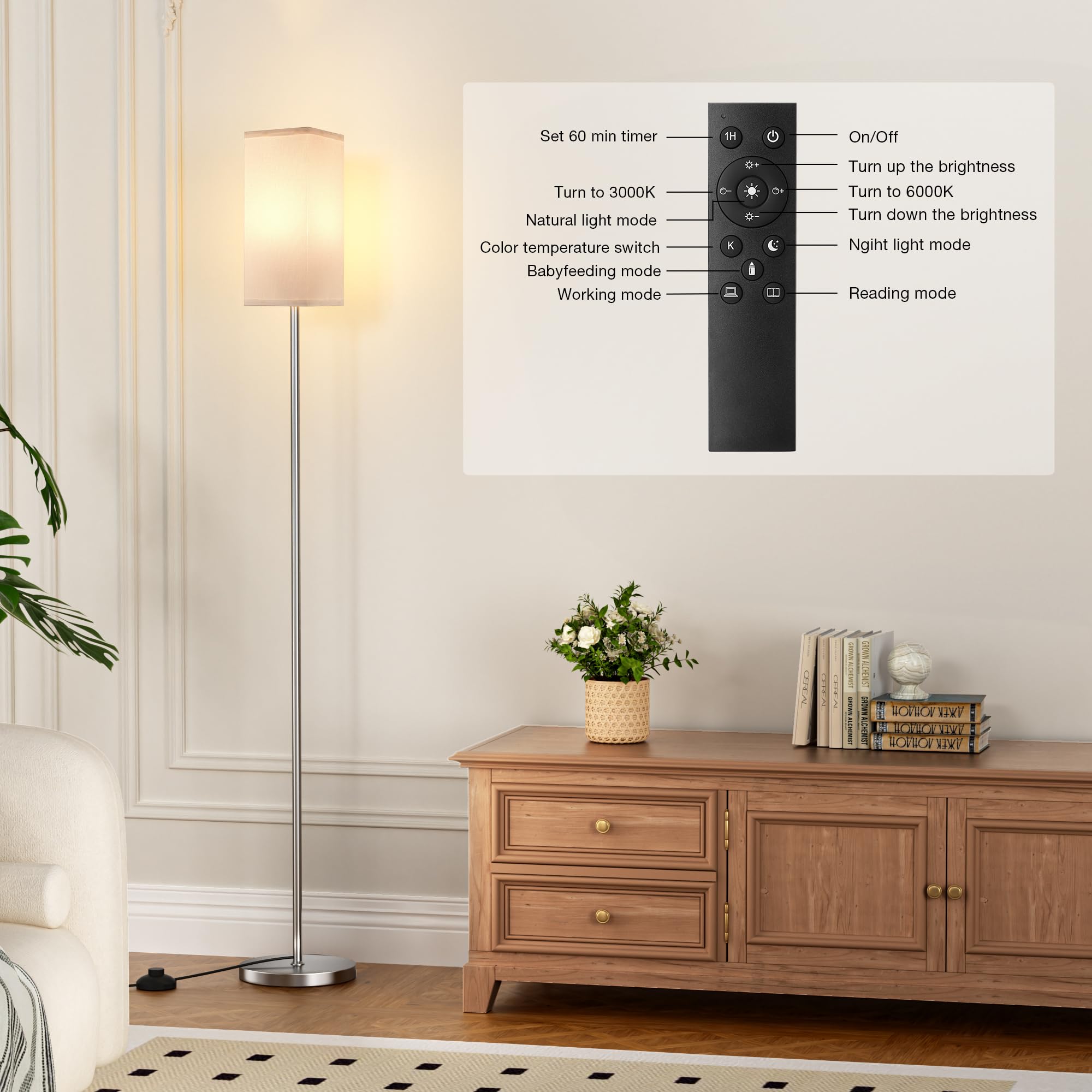 Ambimall Remote Control Floor Lamp, Stepless Dimmable, 64.57in Tall, Metal, White & Silver