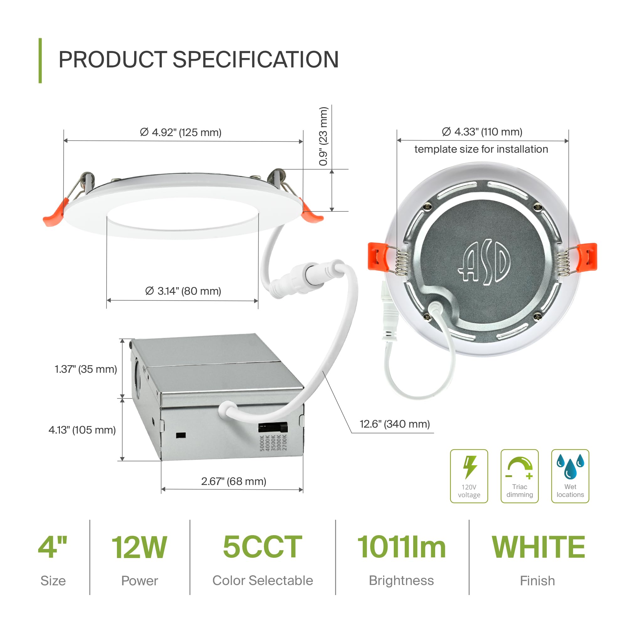 Asd 6 Pack Led Recessed Lighting 4 Inch 12W  5 Cct 2700K-5000K Cri90+  Ic Rated Ultra Thin Dimmable Ceiling Lights With J Box  Canless Wafer Downlight  Round Slim Panel Light  Energy Star Etl  White