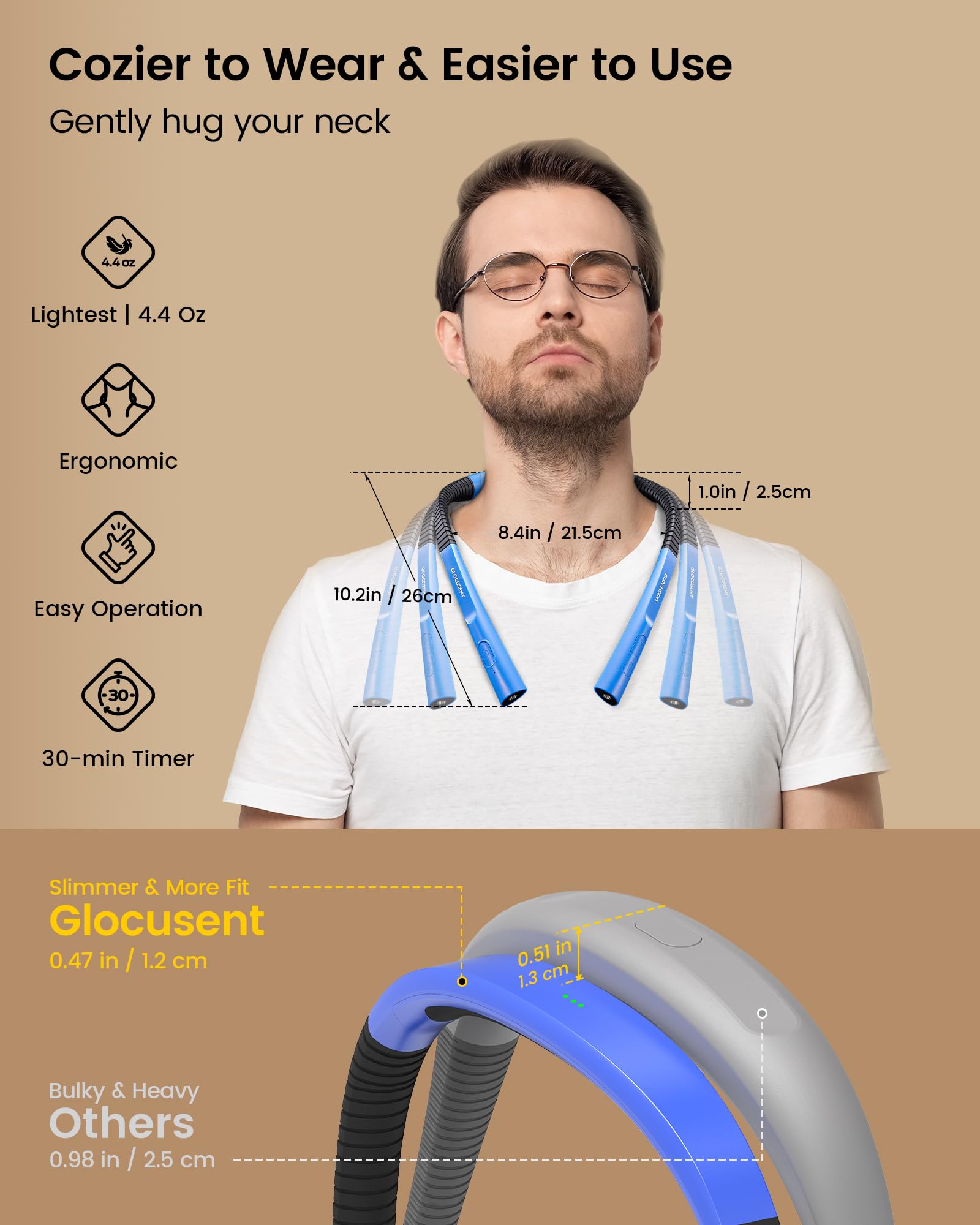 Glocusent LED Neck Reading Light, 3 Colors & Brightness, Rechargeable, Sky Blue, Model GLCSNTBL007