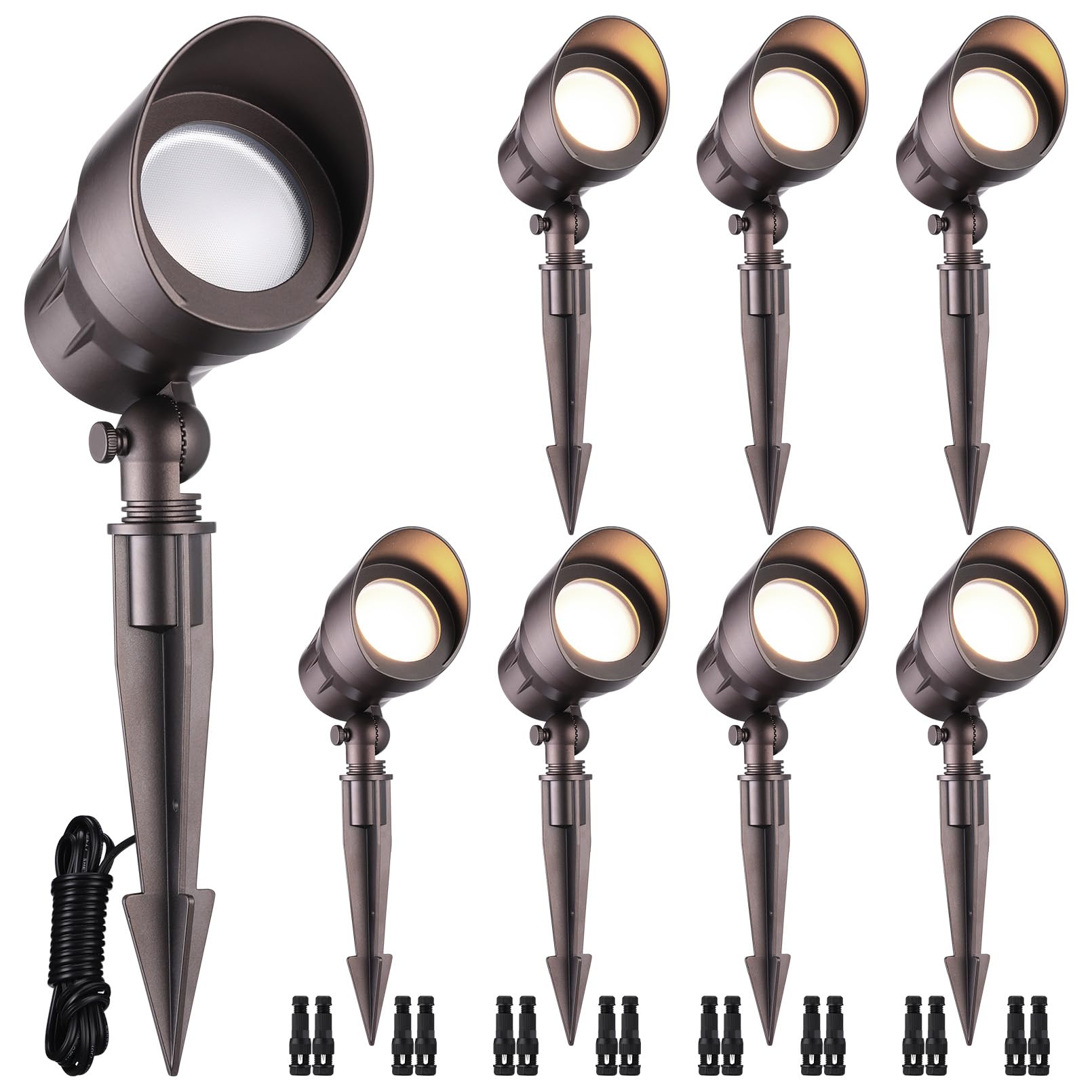 LEONLITE 8-Pack Low Voltage LED Landscape Spotlight, 4W 12V, Aluminum, Warm White (3000K), Model 60816, Bronze Finish