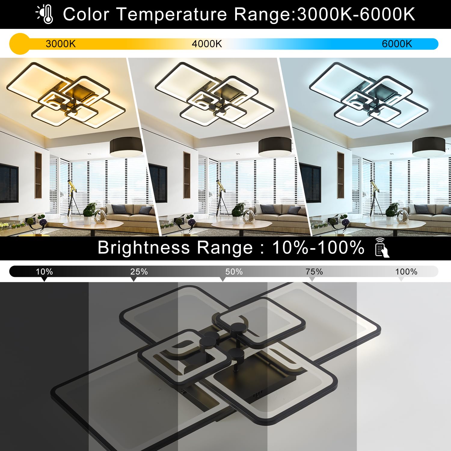 Modern Led Ceiling Light,6 Square Acrylic Black Modern Lighting Fixture Ceiling Lights For Living Room,Dimmable Lamp With Remote
