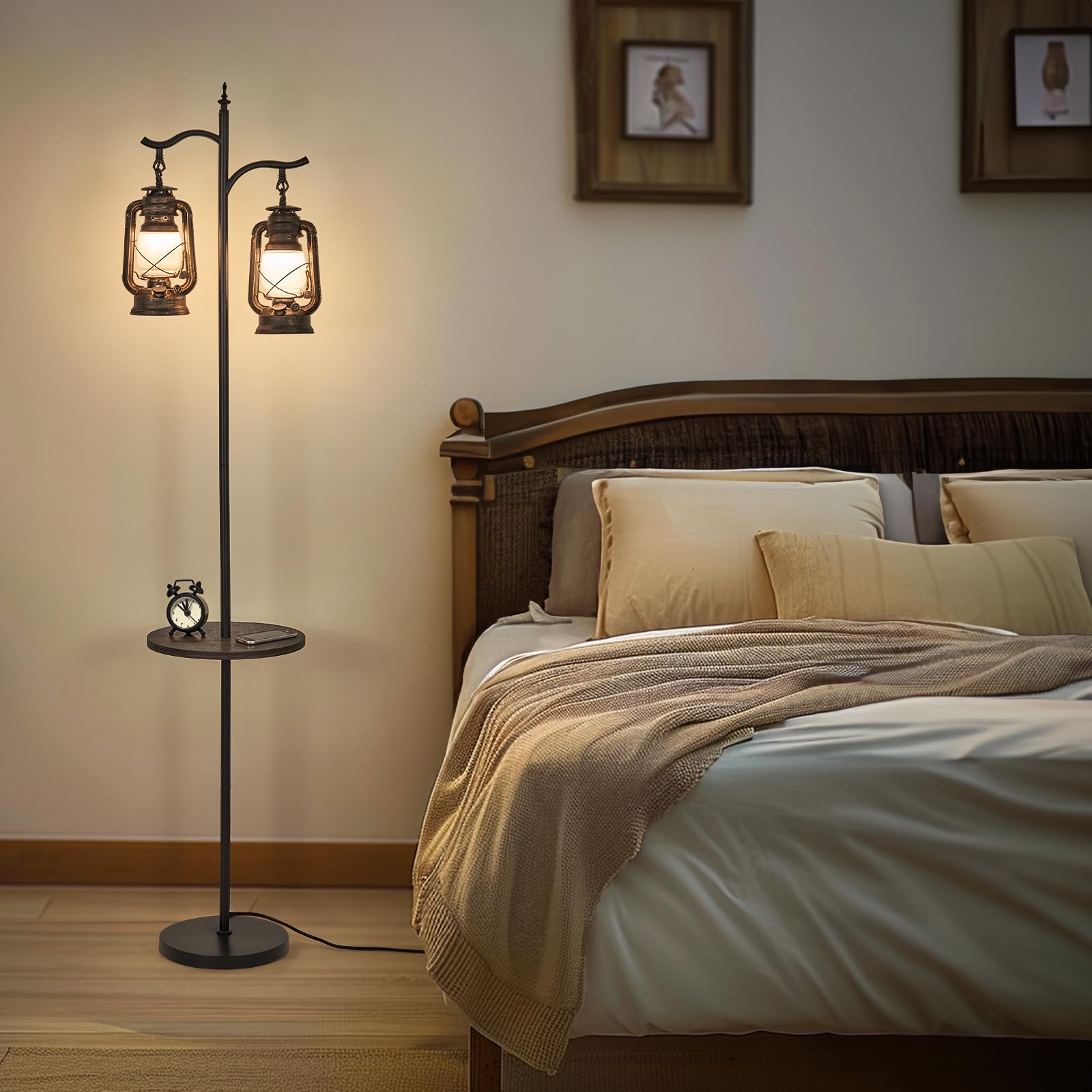 Farmhouse Floor Lamp With Table, Double Head Vintage Floor Lantern, Standing Lamp For Living Room,Bedroom, Rustic Floor Lamp Wit