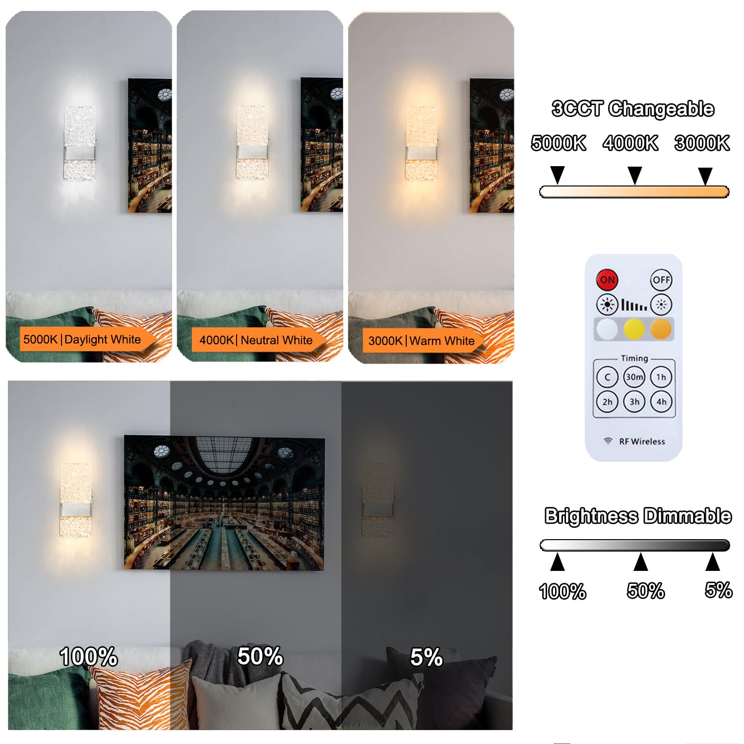 Ditoon Modern Brushed Nickel Wall Sconces Set of 2 - Rechargeable LED Lighting, Wireless, 9.2in, Acrylic Shade, Art Deco Design