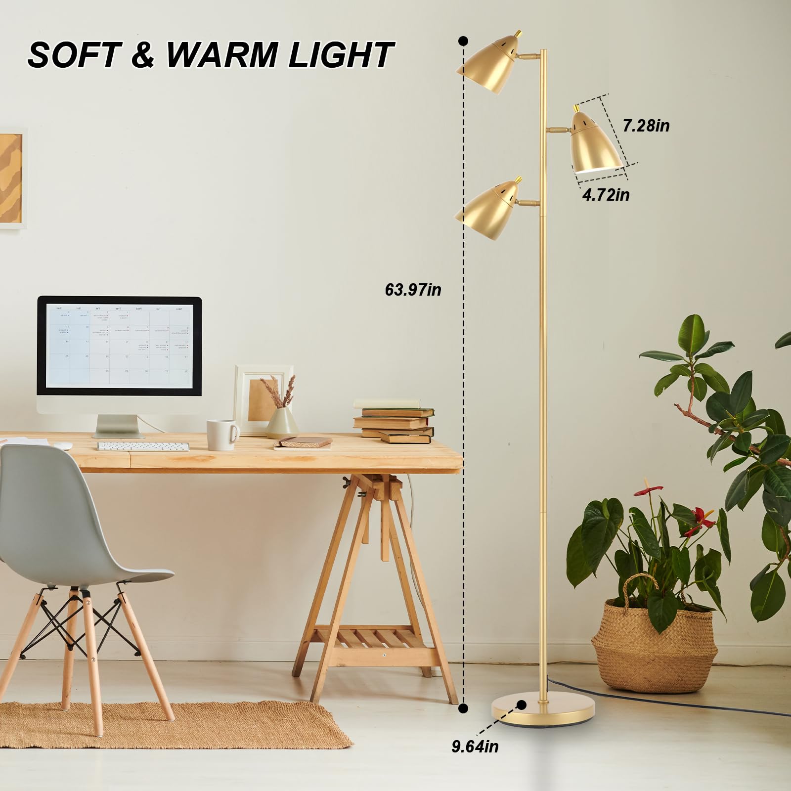 LALISU Tree Floor Lamp, Industrial 3-Light, Metal Black, Adjustable Heads, Model LALISUATLALIF7288