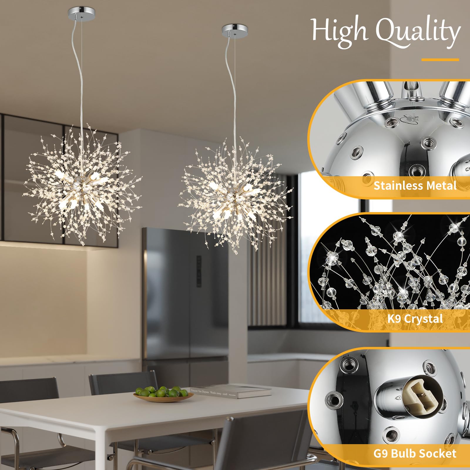 Foucasal 8-Light Crystal Pendant Light Modern Dandelion Sputnik Chandelier Chrome Firework Ceiling Lighting Fixture For Dining R