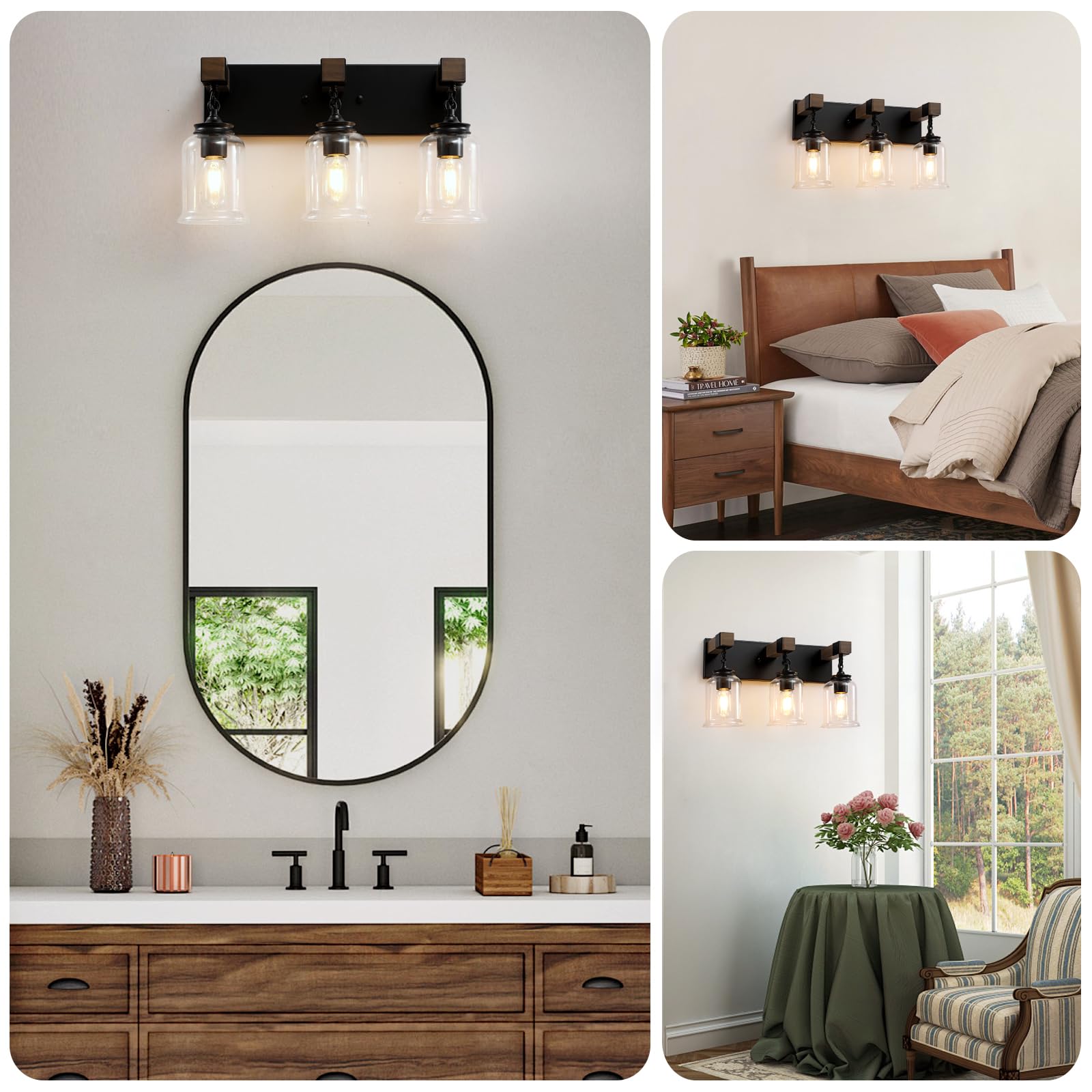 Farmhouse Bathroom Light Fixtures, 3-Light Matte Black Bathroom Vanity Light, Industrial Style With Clear Glass Shades, Lighting