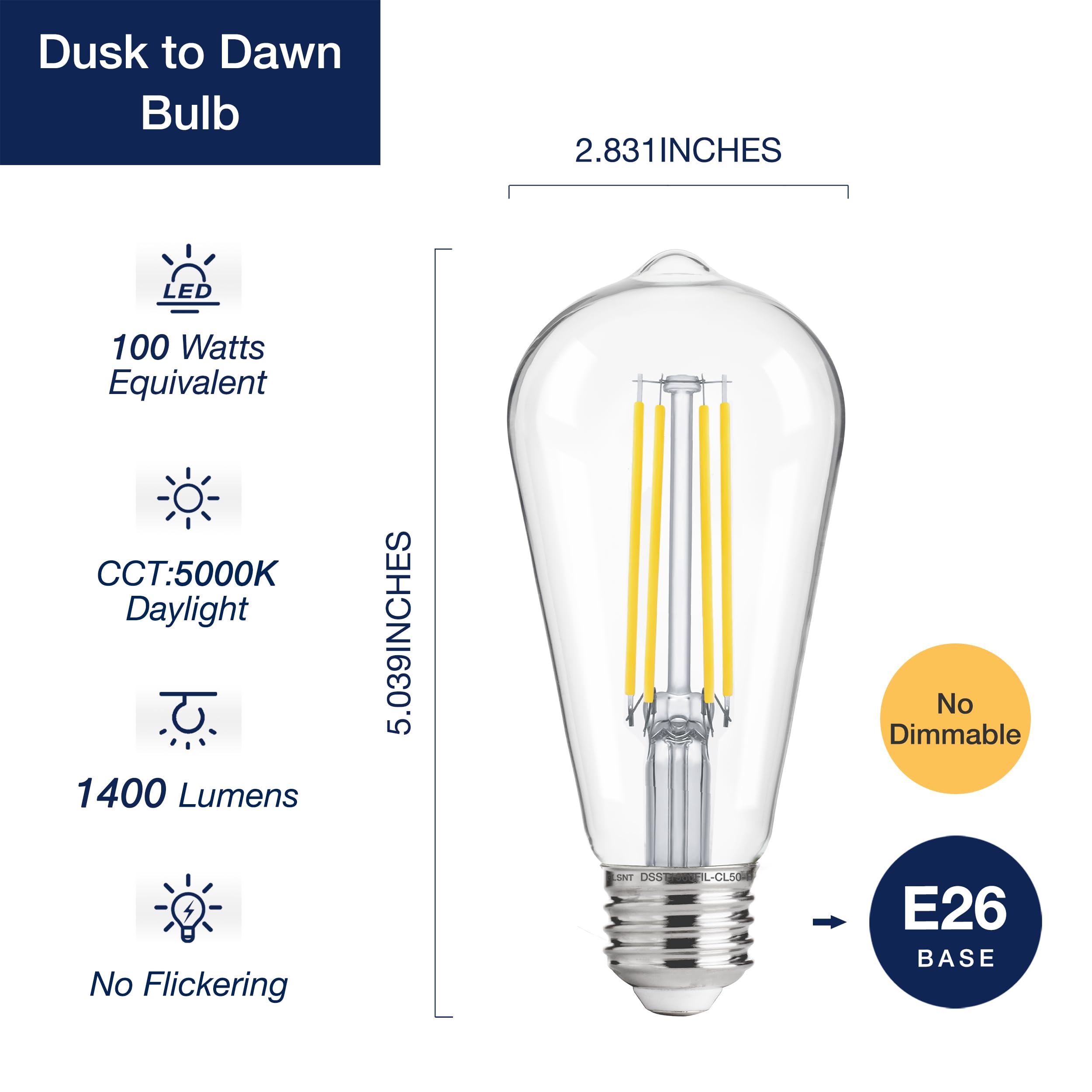 Flsnt Dusk To Dawn Outdoor Sensor St19 Led Edison Bulb, 5000K Daylight, 8W (100W Eqv.), 1400Lm,Vintage Filament E26 Base, Auto O