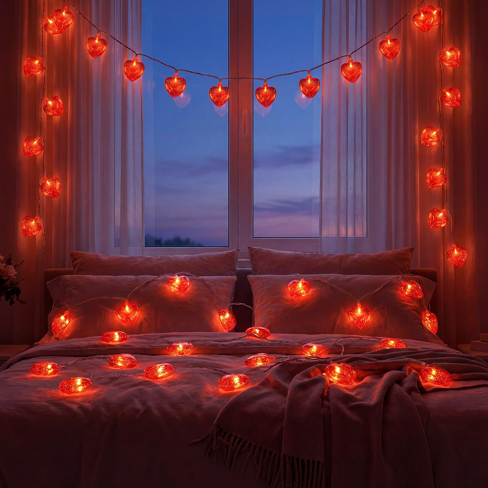 Pallerina 8.5Ft Valentine Red Heart Lights with 10 Shiny Glitter Heart Shaped Lights  Valentine Day Decorations Red Heart Lights for Valentines Day Windows  Bedroom Home Room Party Decor