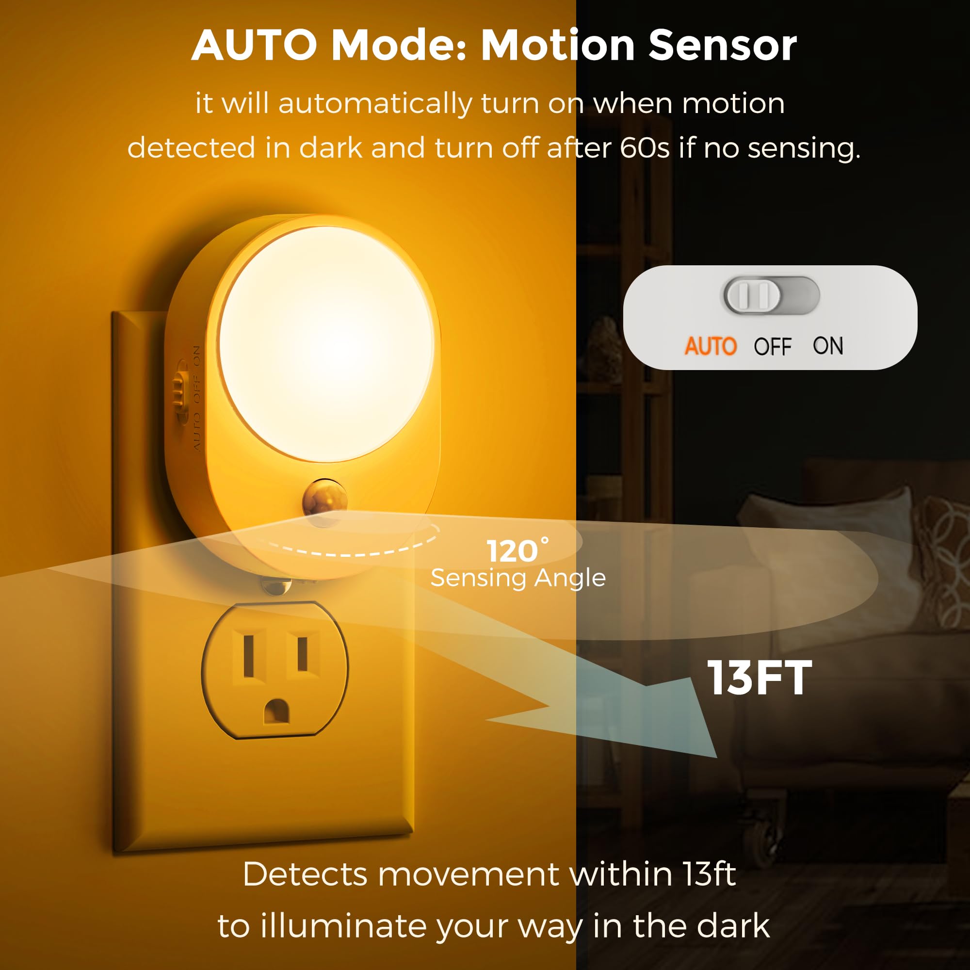 L LOHAS LED Motion Sensor Night Light, 2-Pack Amber Plug-in with Dusk to Dawn & Adjustable Brightness for Bathroom, Hallway, Kitchen