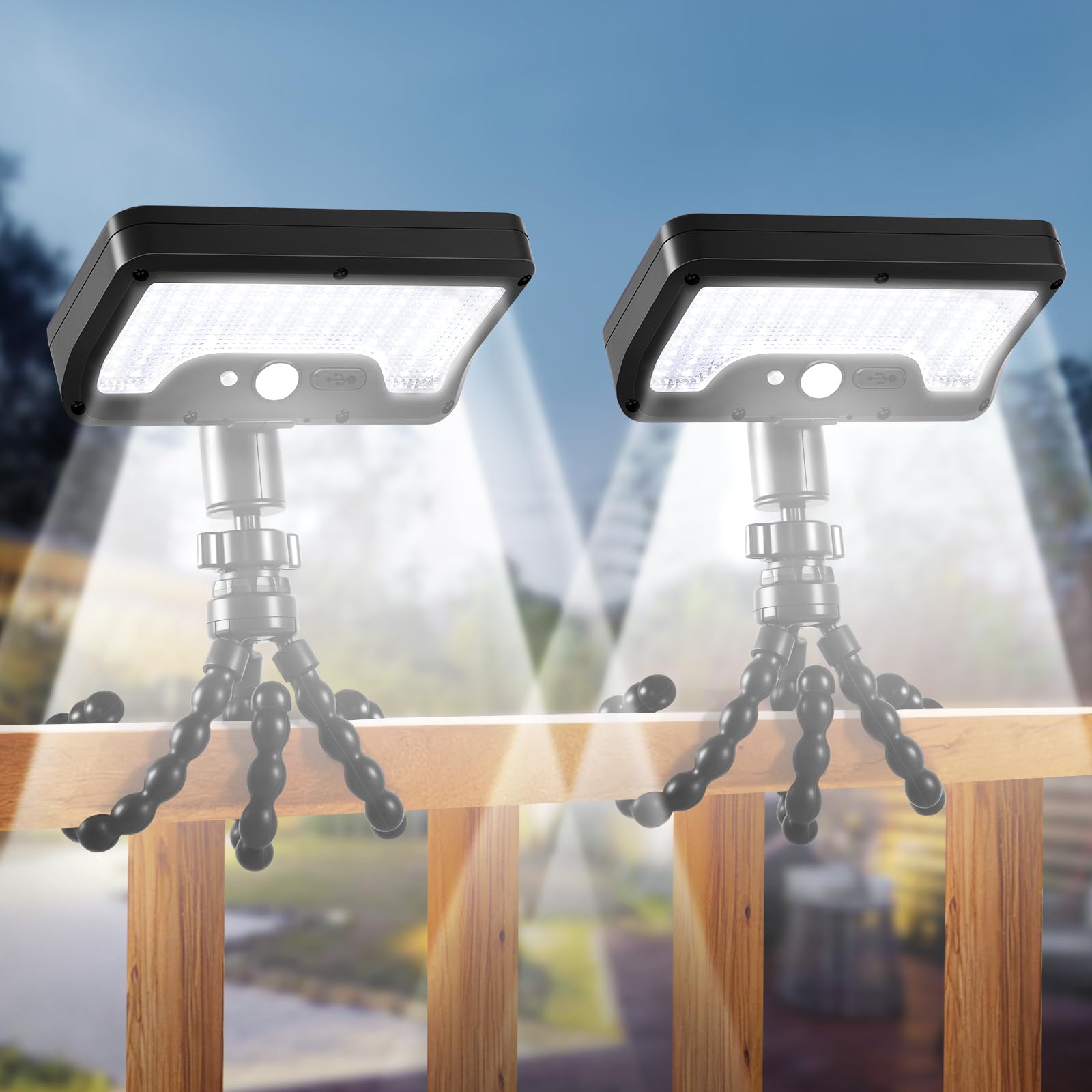 Solar Motion Lights Outdoor with Flexible Octopus Tripod  USB & Solar Powered Motion Sensor Lights with 92 LEDs  IP65 Waterproof Motion Activated Light for Fence  Camping (2 Pack  Cool White)