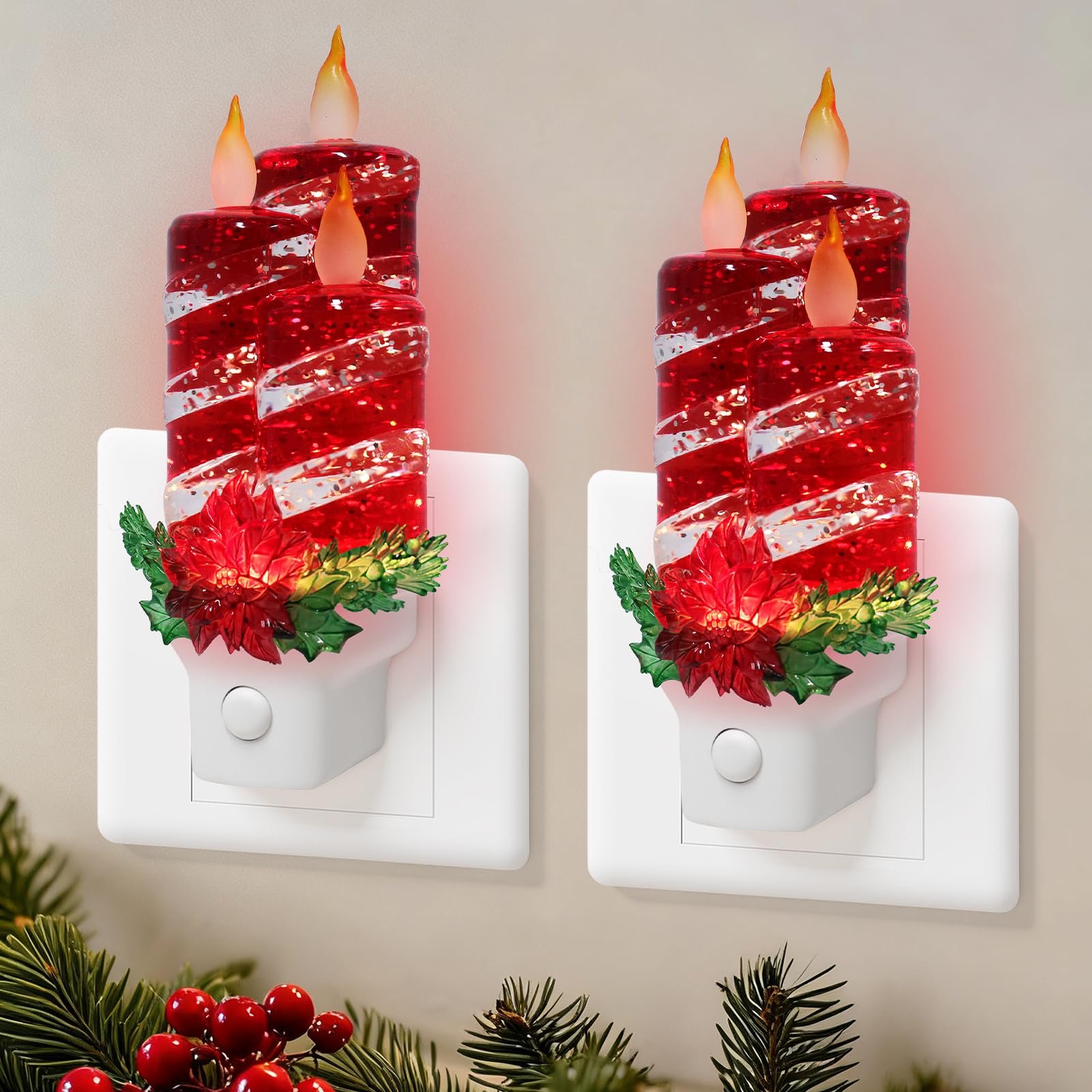 2 Pack Christmas Candle Night Light Plug into Wall Glitter Water Nightlight with USB/Outlet Options  Christmas Decorative Nightlight for Bedroom Kitchen Nursery Holiday Decorations Gifts (Red Candle)
