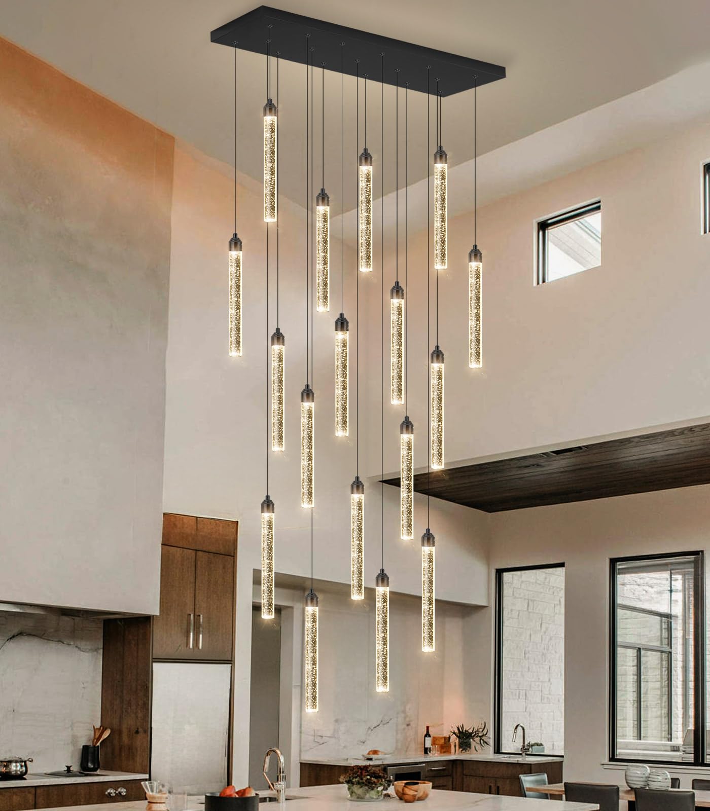 Dolria Rectangular Chandelier, 17-Lights LED Pendant Light, Dimmable, Black Metal, Model PC0008-CT-17B, Ideal for Entryway & Living Room