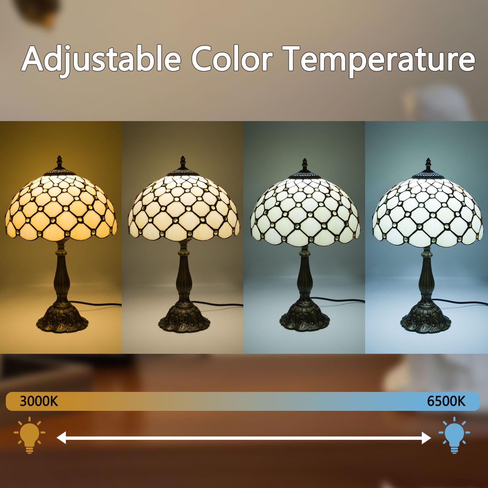12 Inch Tiffany Table Lamps With Remote Control  Stained Glass Lamp With Stepless Dimmable Colors Temperature & Brightness For Living Room Bedroom Office  9W Bulb Included (White Bead Curtain)