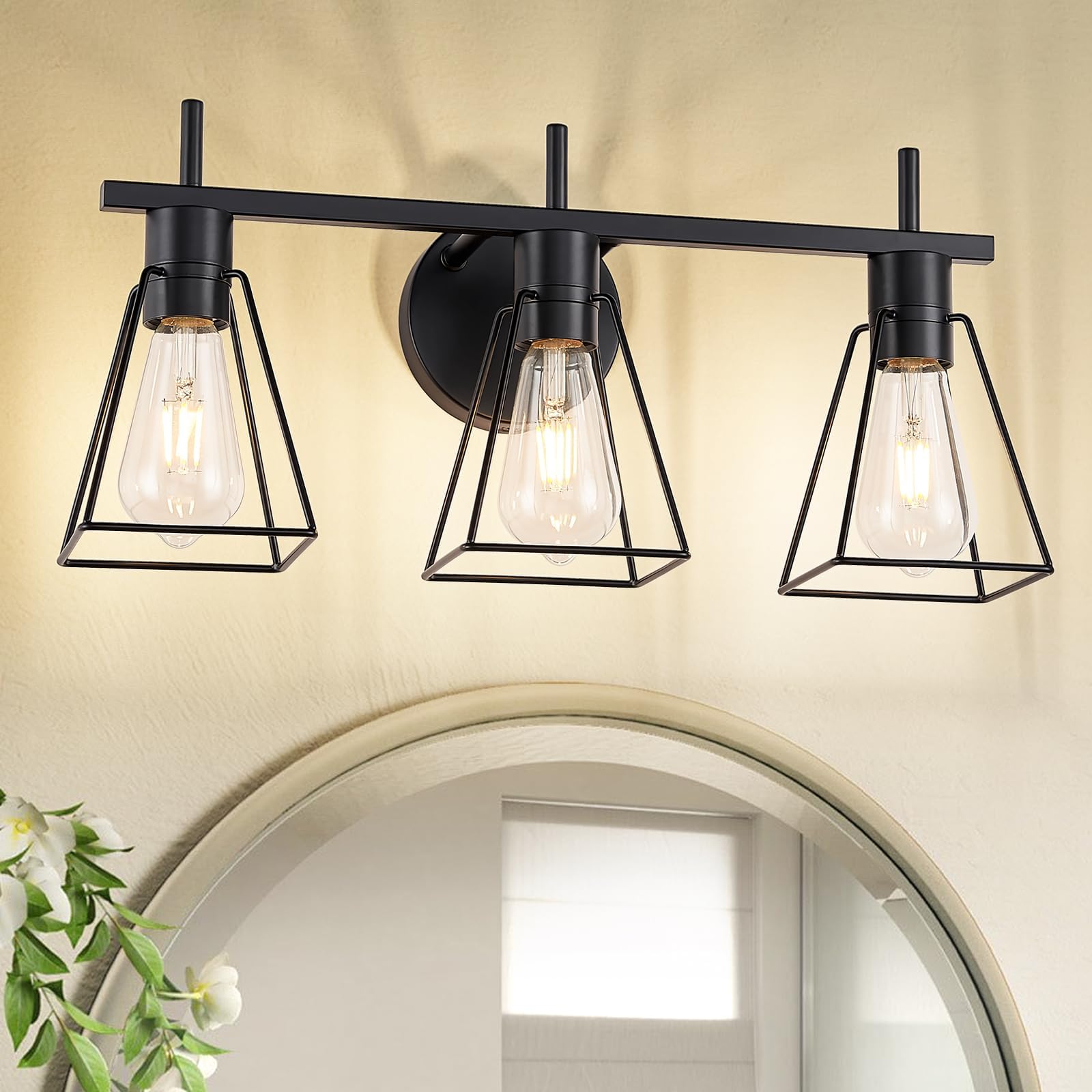 Fonmyim Farmhouse Bathroom Vanity Light Fixtures Over Mirror, Matte Black 3-Light Wall Sconce With Metal Cage, E26 Socket (Bulbs