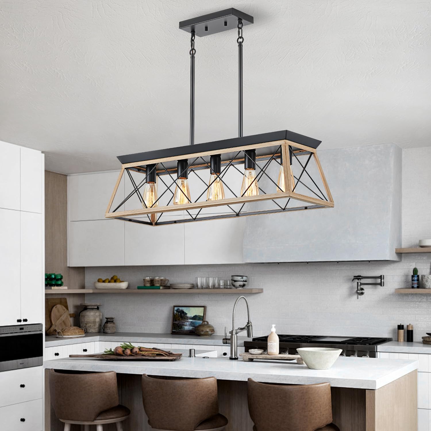 Huixute 5-Light Farmhouse Dining Room Chandelier Over Table, Rustic Kitchen Island Lighting, Adjustable Height Pendant Light For