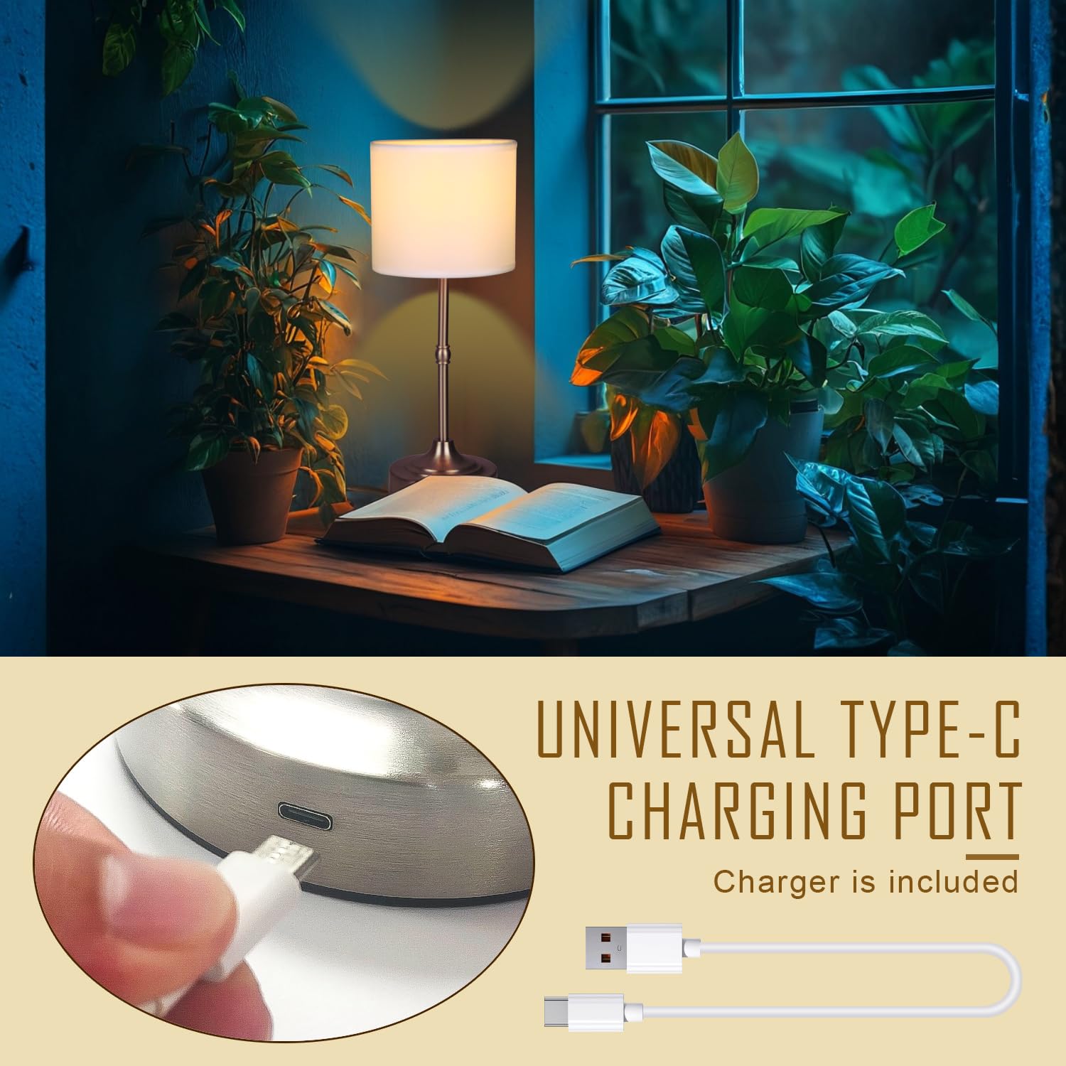focondot Rechargeable Table Lamp, Wireless LED, Stepless Dimmable, Silver, Model N3