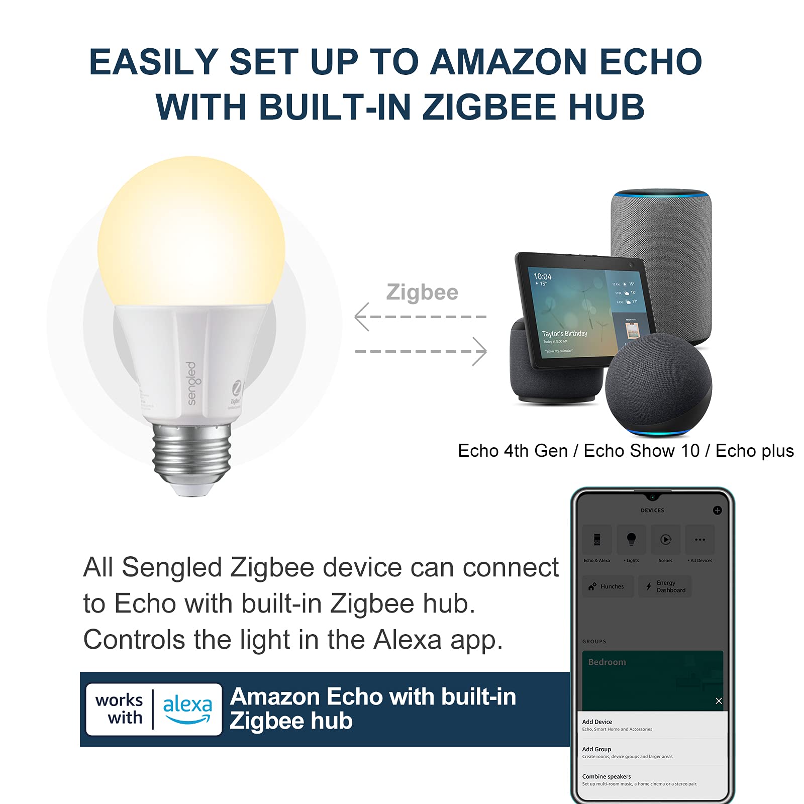 Sengled Zigbee Smart Light Bulbs, Soft White 60W Equivalent, 2 Pack, Compatible with SmartThings and Echo, Voice Control, E11-G13