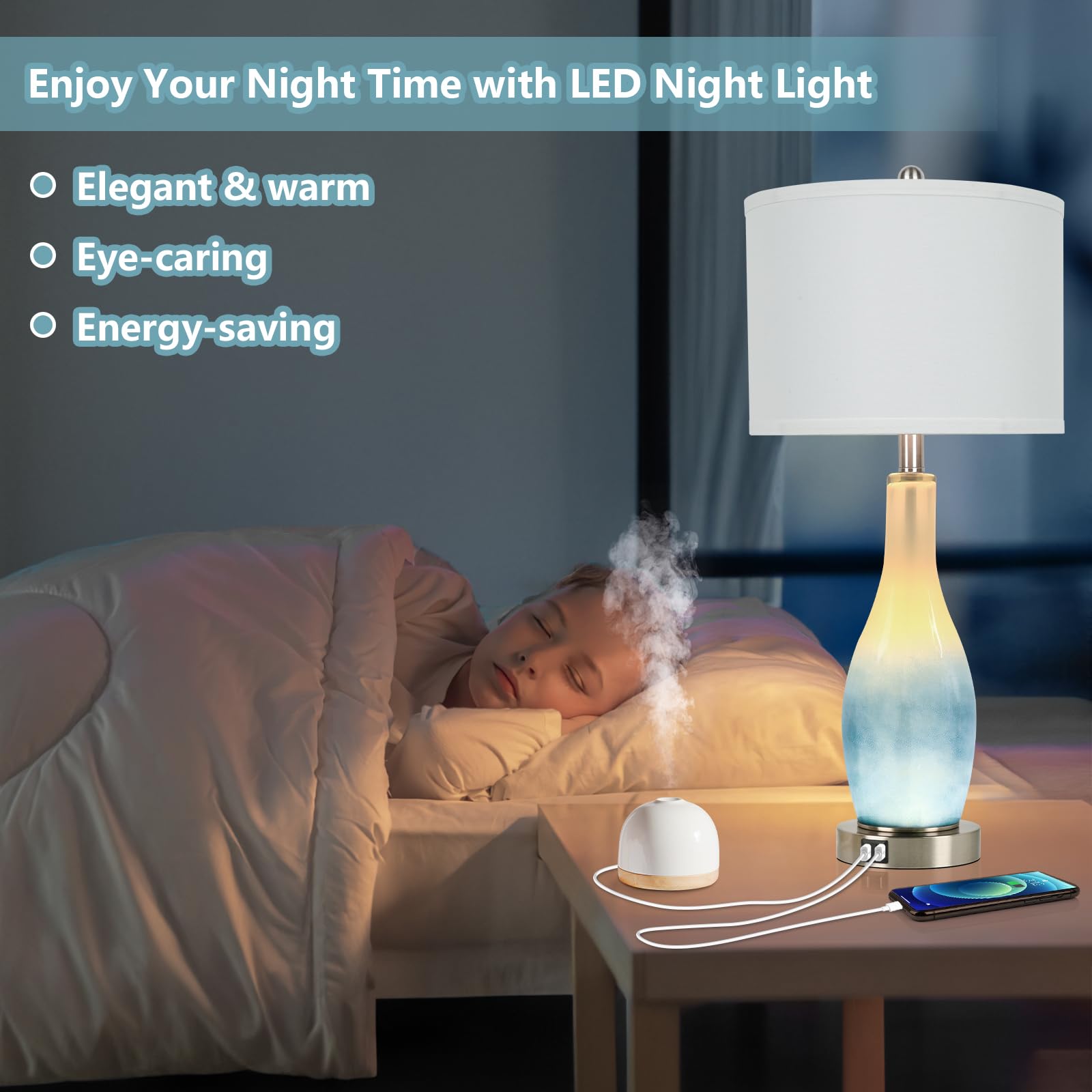 BesLowe 26in Coastal Glass Table Lamps Set of 2 with USB Ports & LED Nightlight, Blue, Modern Design for Living Room & Bedroom