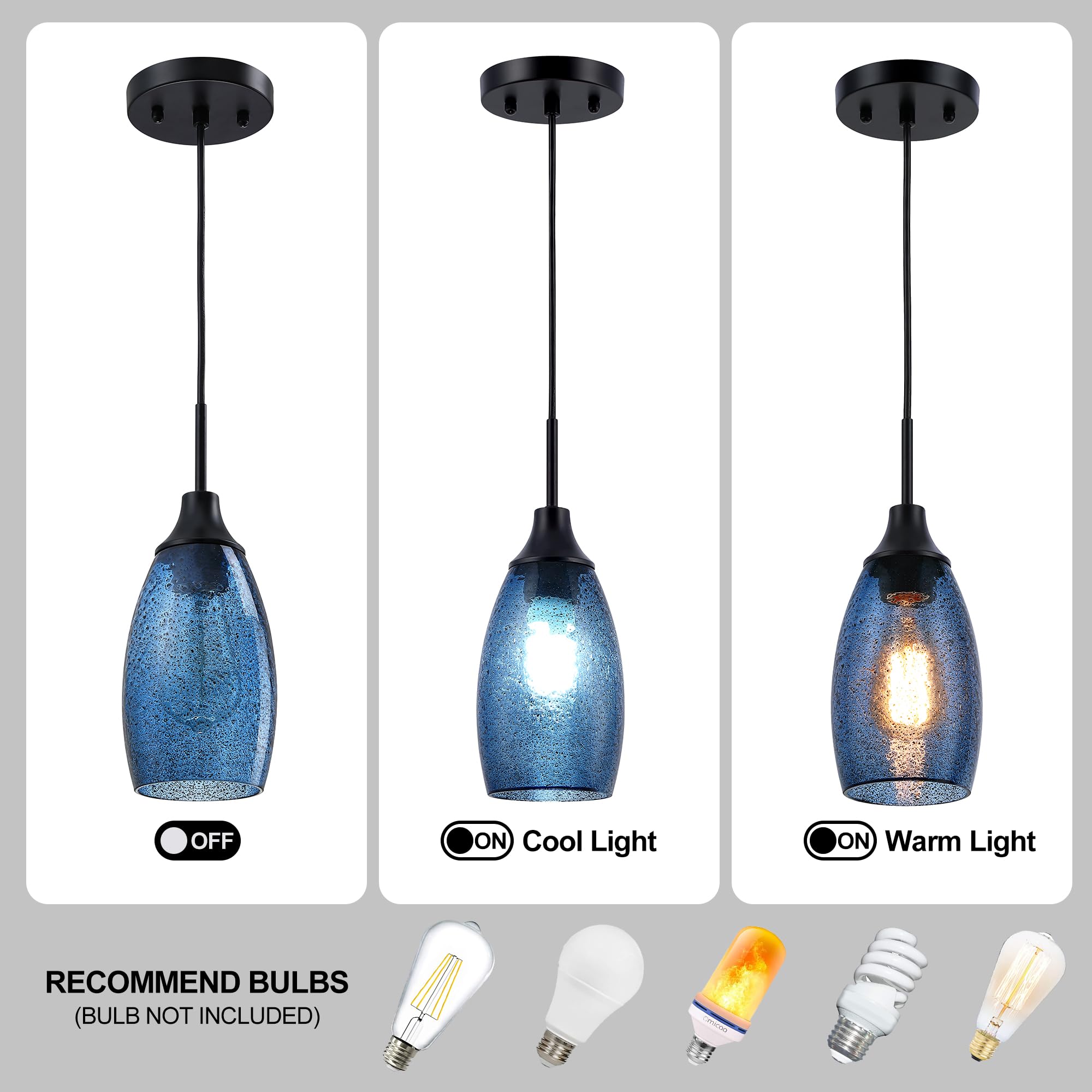 Viinew Mini Glass Pendant Light,4.72'' Dark Blue Glass Hanging Light 3-Pack Handblown Clear Blue Seeded Shade Adjustable Cord Ce