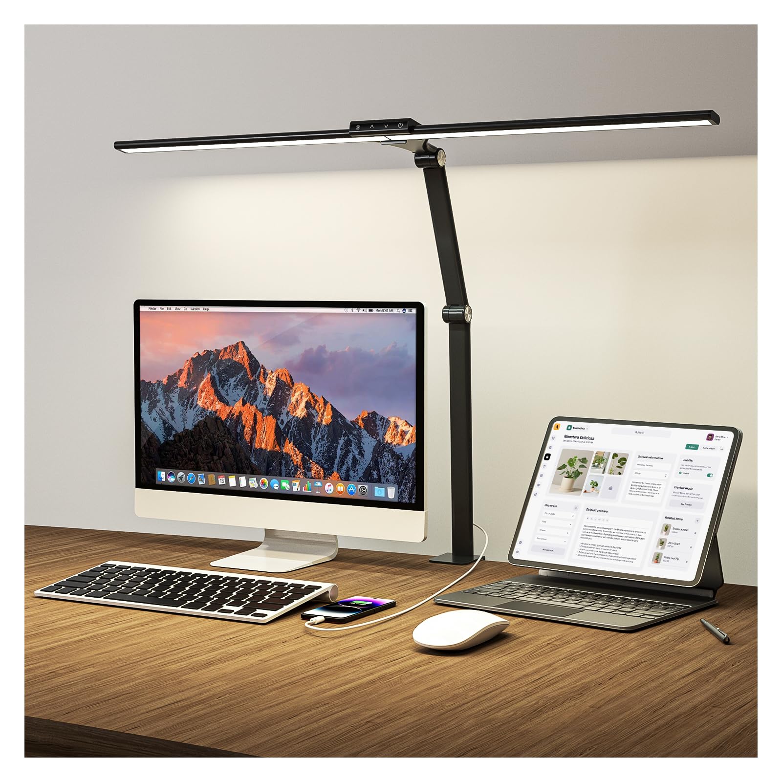 LED Desk Lamp for Home Office, 24W Eye-Caring Reading Light with Clamp, USB Charging Port, 7 Brightness 5 Color Mode, Memory Fun