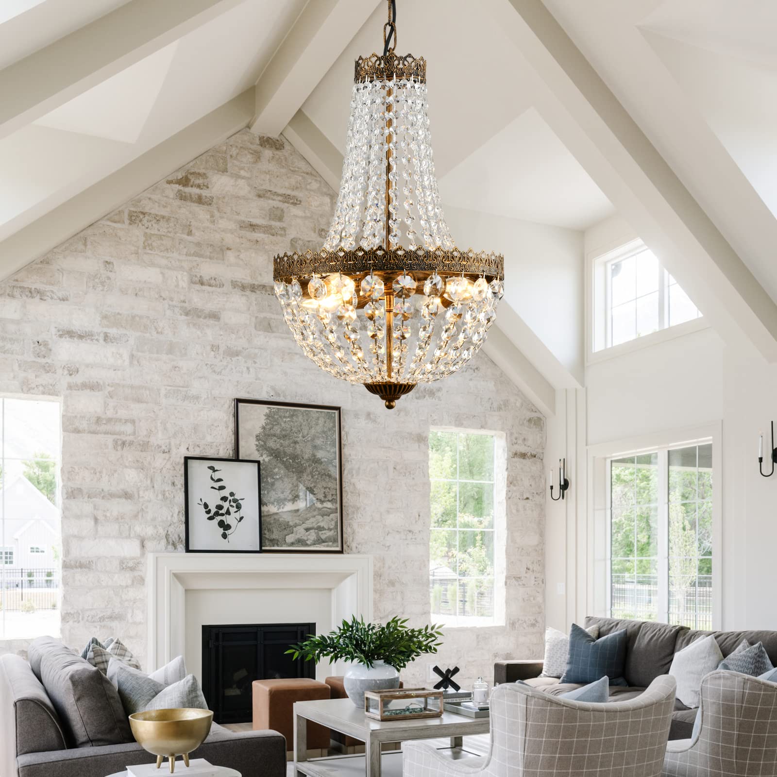 KAIQI Mini Crystal Chandelier, Bronze Metal Pendant Light, 19.7"H x 12.6"W, Ideal for Dining Room, Bedroom, Foyer, Model 8019/4