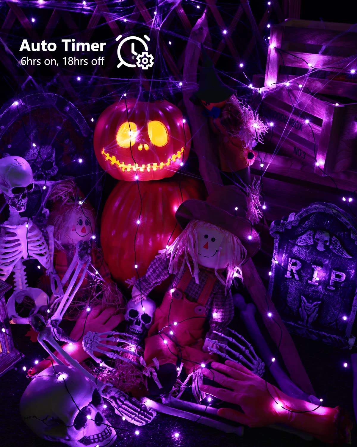 Brizled Purple Halloween Lights, 2 Pack 17.38Ft 50 Led Battery Powered Halloween String Lights With Timer, 8 Modes Halloween Fai