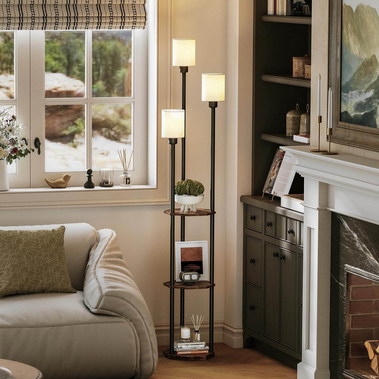 Floresita Floor Lamp with Shelves, 3Light Standing Lamp with 3 Color Temperatures LED Bulbs, 3Tier Shelf Vintage Floor Lamp wi
