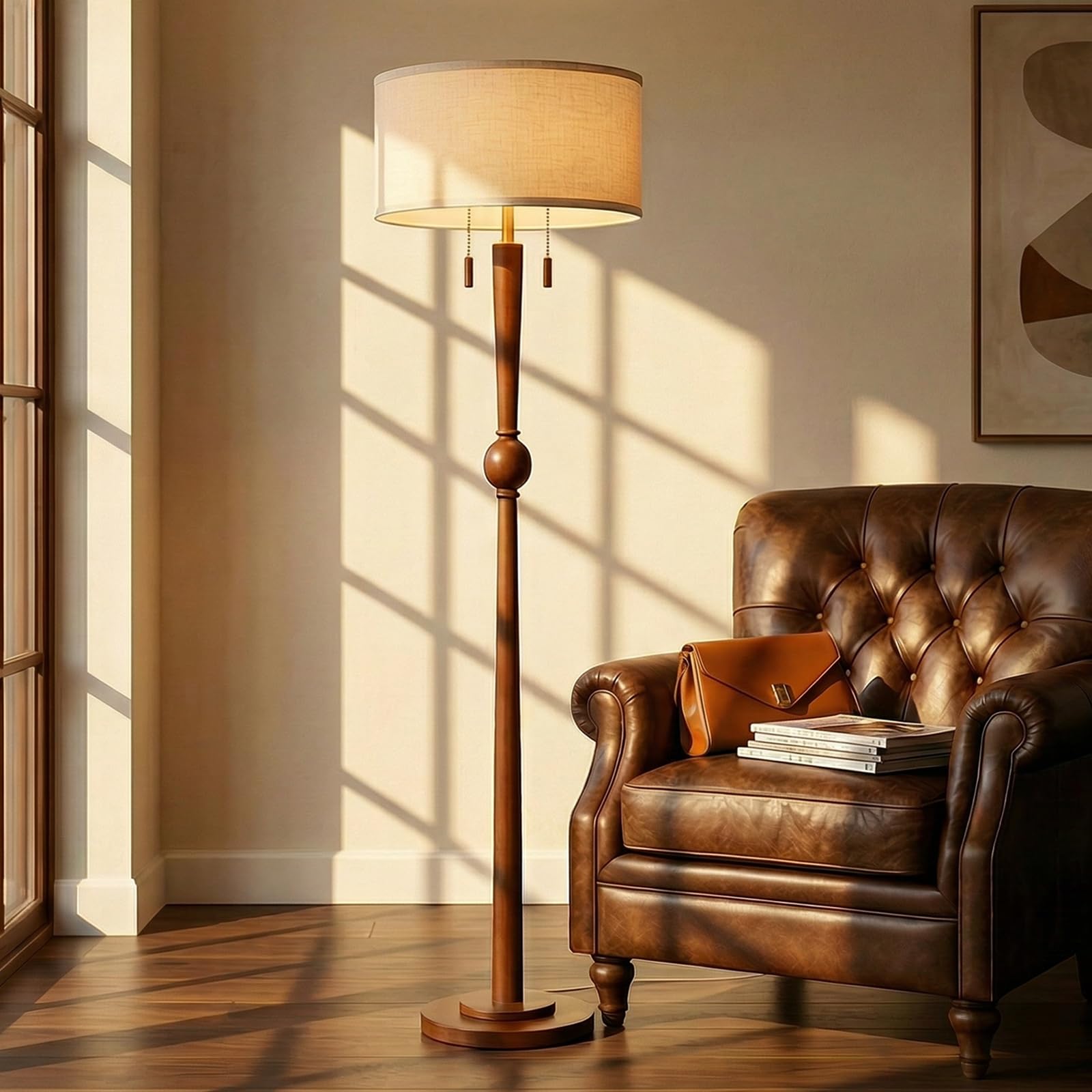 MOFFE 62.8 Solid Wood Floor Lamp,Tall Standing Floor Lamp with 2