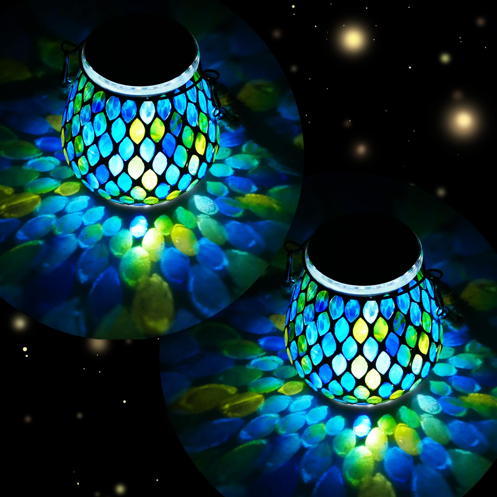 2 Pack Mosaic Blue Solar Lanterns, Outdoor Glass Hanging Lights, Waterproof, Solar Table Lamps, Christmas Gifts for Women Mom Gr