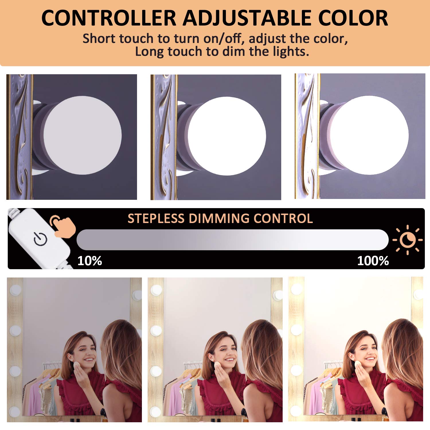 Laboreducer Led Vanity Mirror Lights With 16 Dimmable Light Bulbs, Plug In Hollywood Style Makeup Lights With Power Supply For F