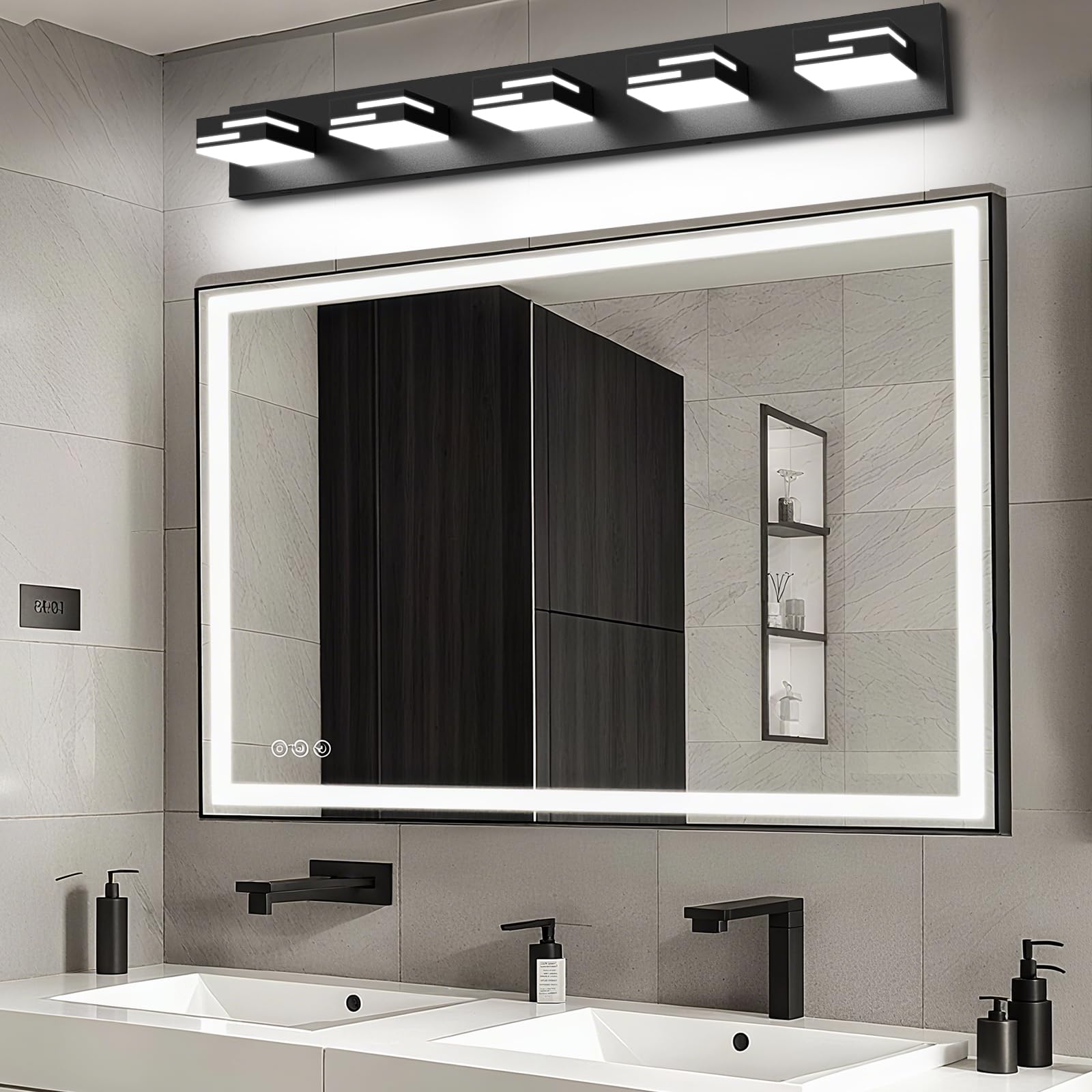 Lkhf Led Modern Bathroom Vanity Light Fixtures  5-Light 34-Inch Dimmable Matte Black Vanity Lights For Bathroom Lighting Fixtures Over Mirror  With 350?Rotatable Acrylic Heads (Cool White 6000K)