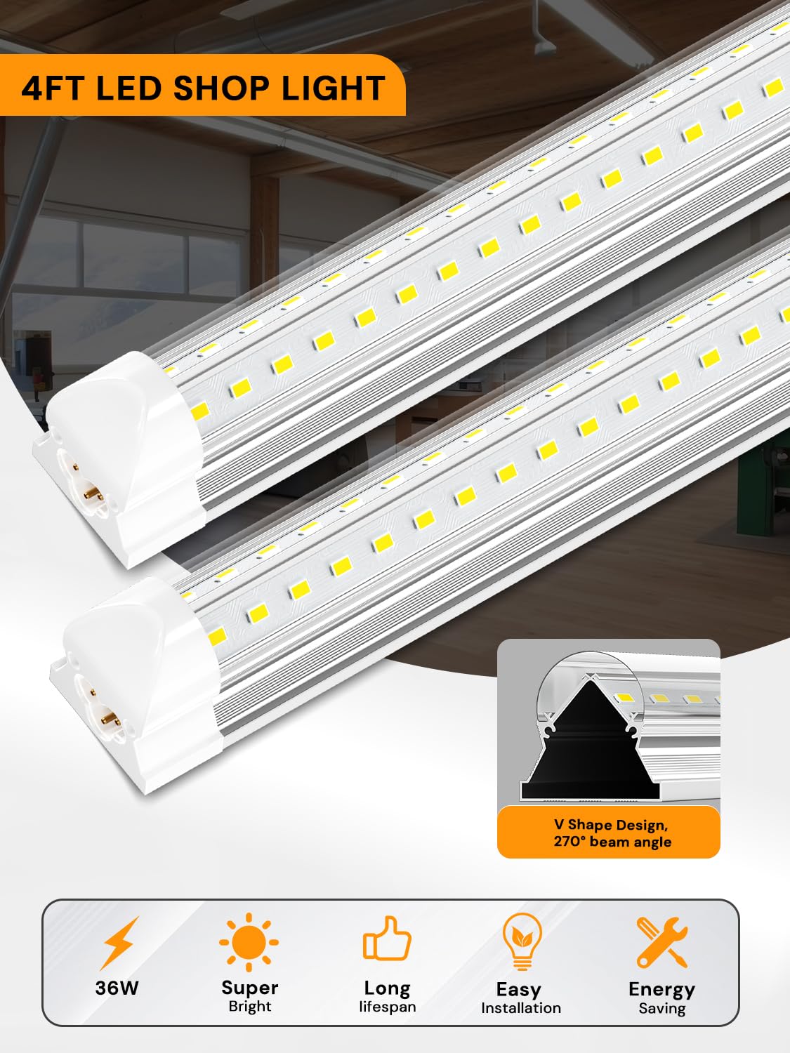 Onlylux Led Shop Light, 4Ft 36W 5000Lm 6500K Shop Lights, 4 Foot Led Light Fixture, T8 Led Tube Lights For Garage, V Shape High