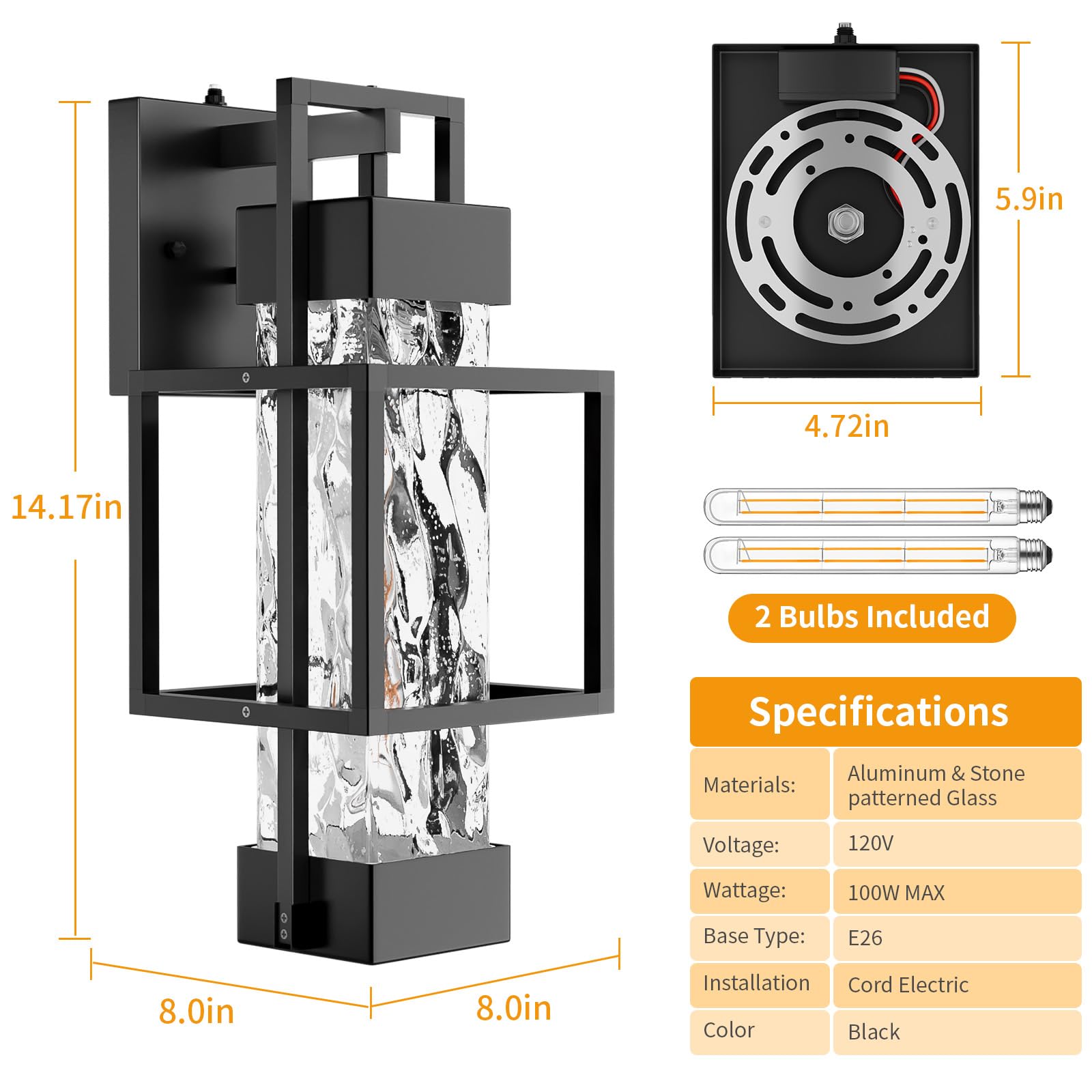 Hotsonic Outdoor Porch Light Fixtures, 14'' Dimmable Waterproof Wall Lanterns, Black, Large, Model HS-018, 2 Pack