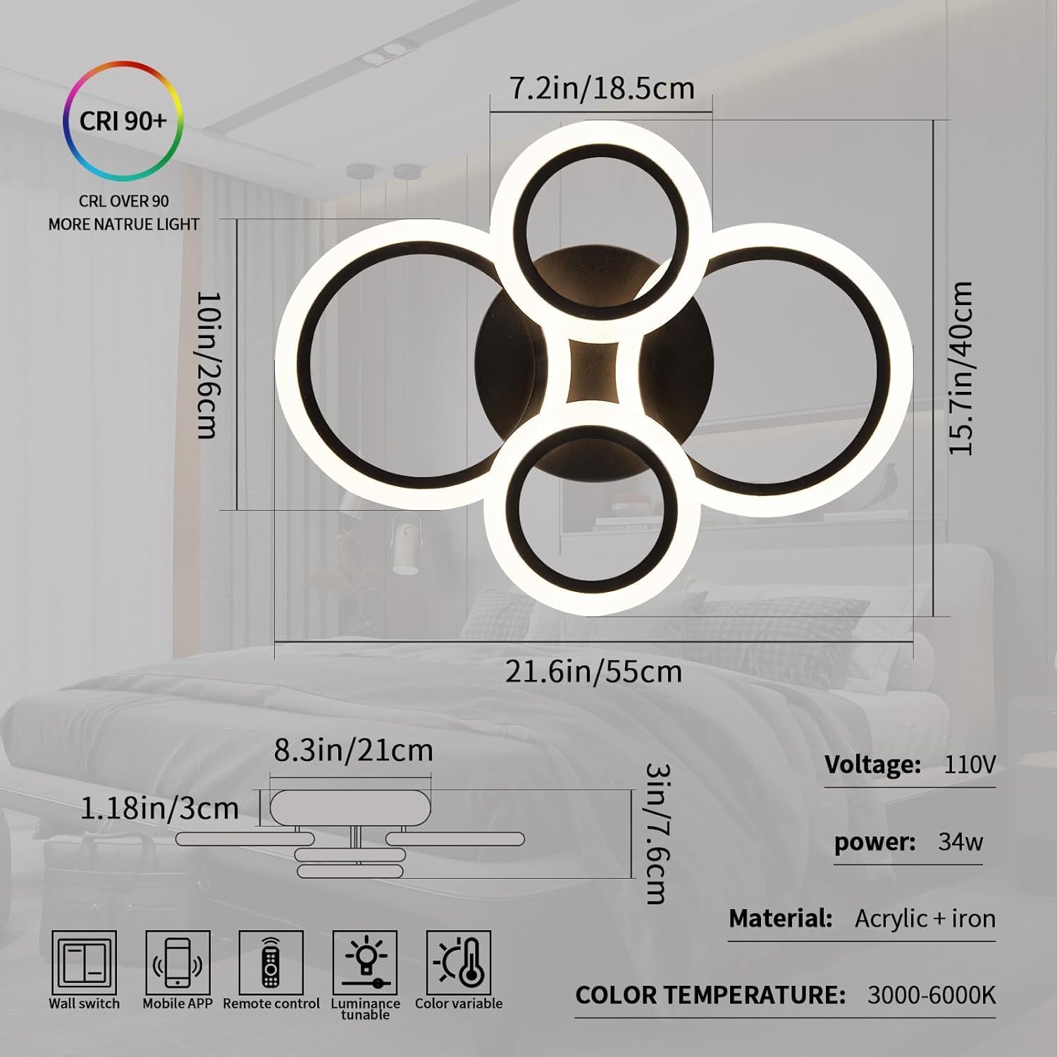 Shine Luest 34W Modern Led Ceiling Light, 3000K-6000K Dimmable Ceiling Lighting Fixtures Ceiling Mount 4 Rings Black Flush Mount