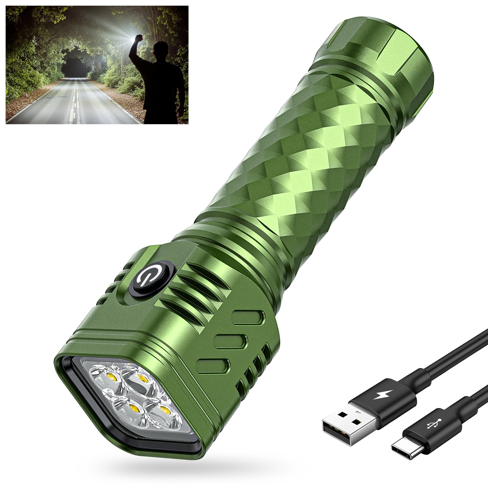 WdtPro Rechargeable Flashlight High Lumens 2000, Aluminum, Waterproof, Green, Model EX4, 1 Pack