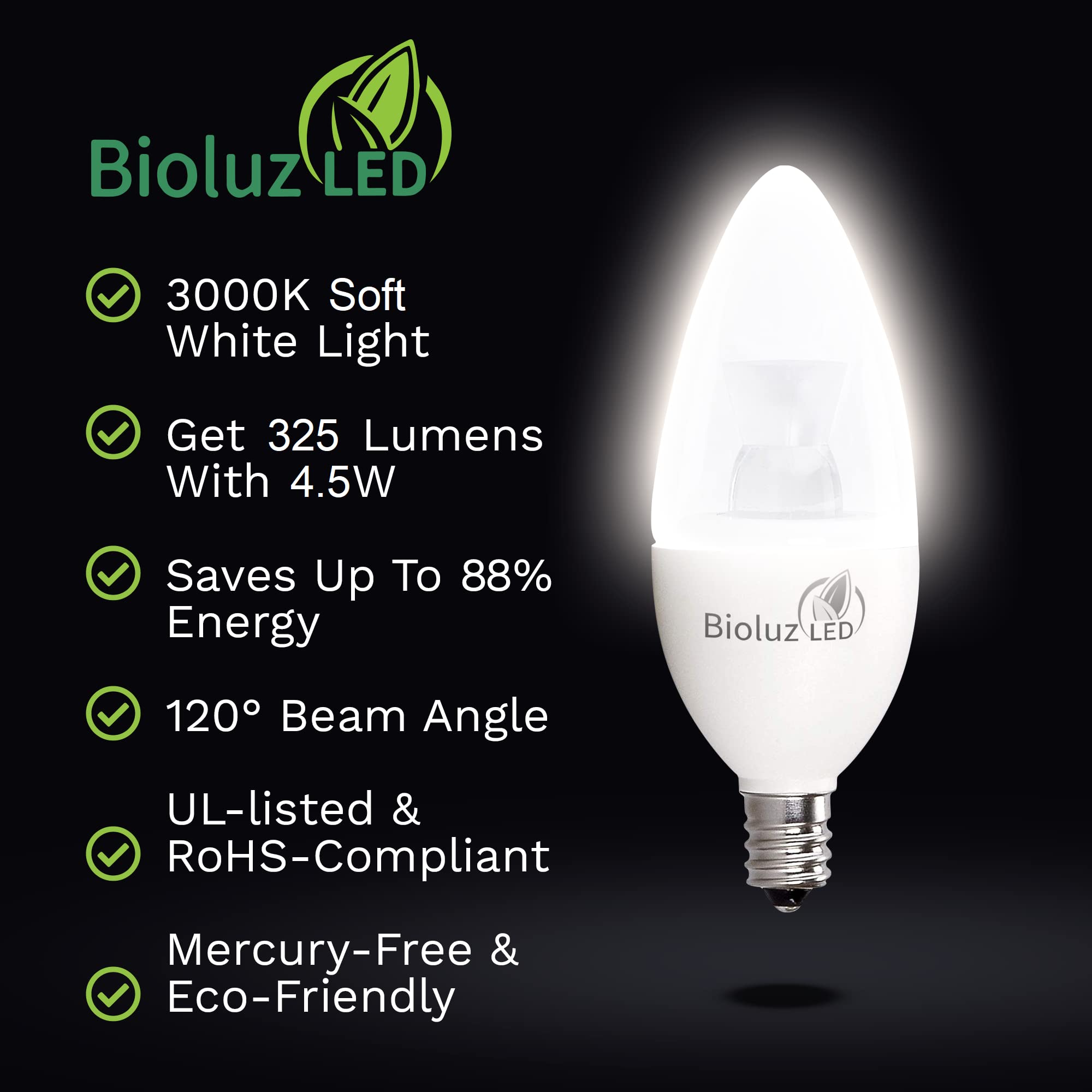 Bioluz Led Light Bulb 40 Watt Candelabra 4.5W Dimmable Candelabra Led Bulbs C37 E12 Led Bulb,325 Lumens,120 Beam Angle 3000K Sof