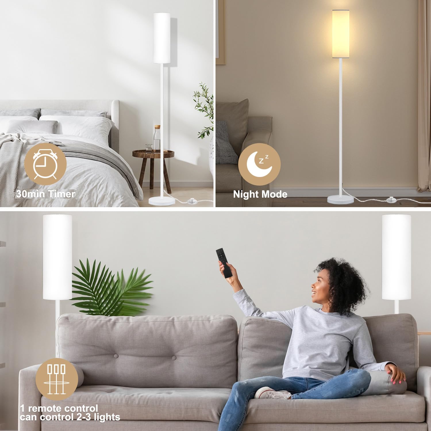Qaubauyt Smart LED Floor Lamp - APP Control, RGB Colors, Remote, 67in Tall, Dimmable, Matte White, Model JP-RGB