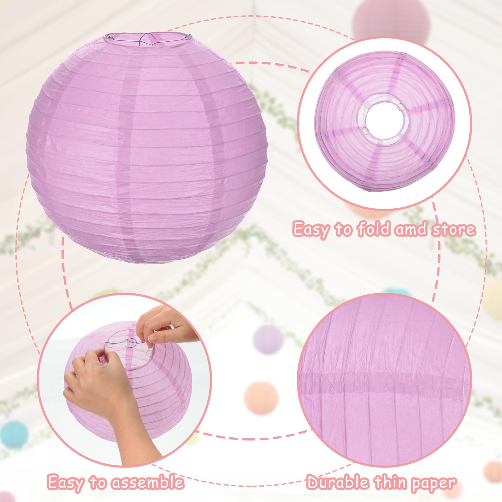 Meccanixity 6Pcs Paper Lanterns Decorative, 6'' 8'' 12'' Light Purple Round Hanging Lantern Chinese Lanterns For Home Decor, Bir