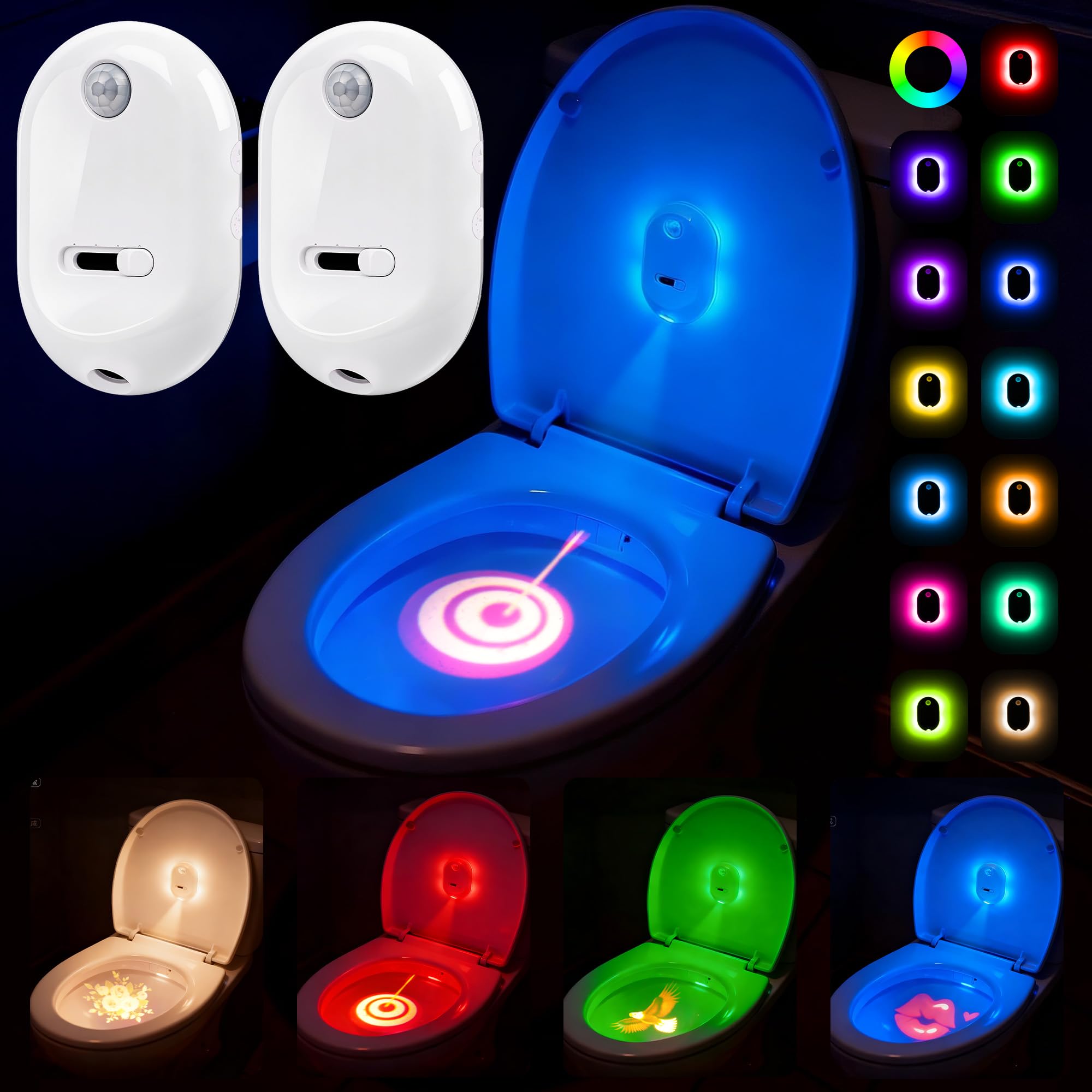 Toilet Light Motion Sensor, Motion Activated Toilet Night Light 13 Color Changing 4 Projection Patterns, Rechargeable Toilet Bow