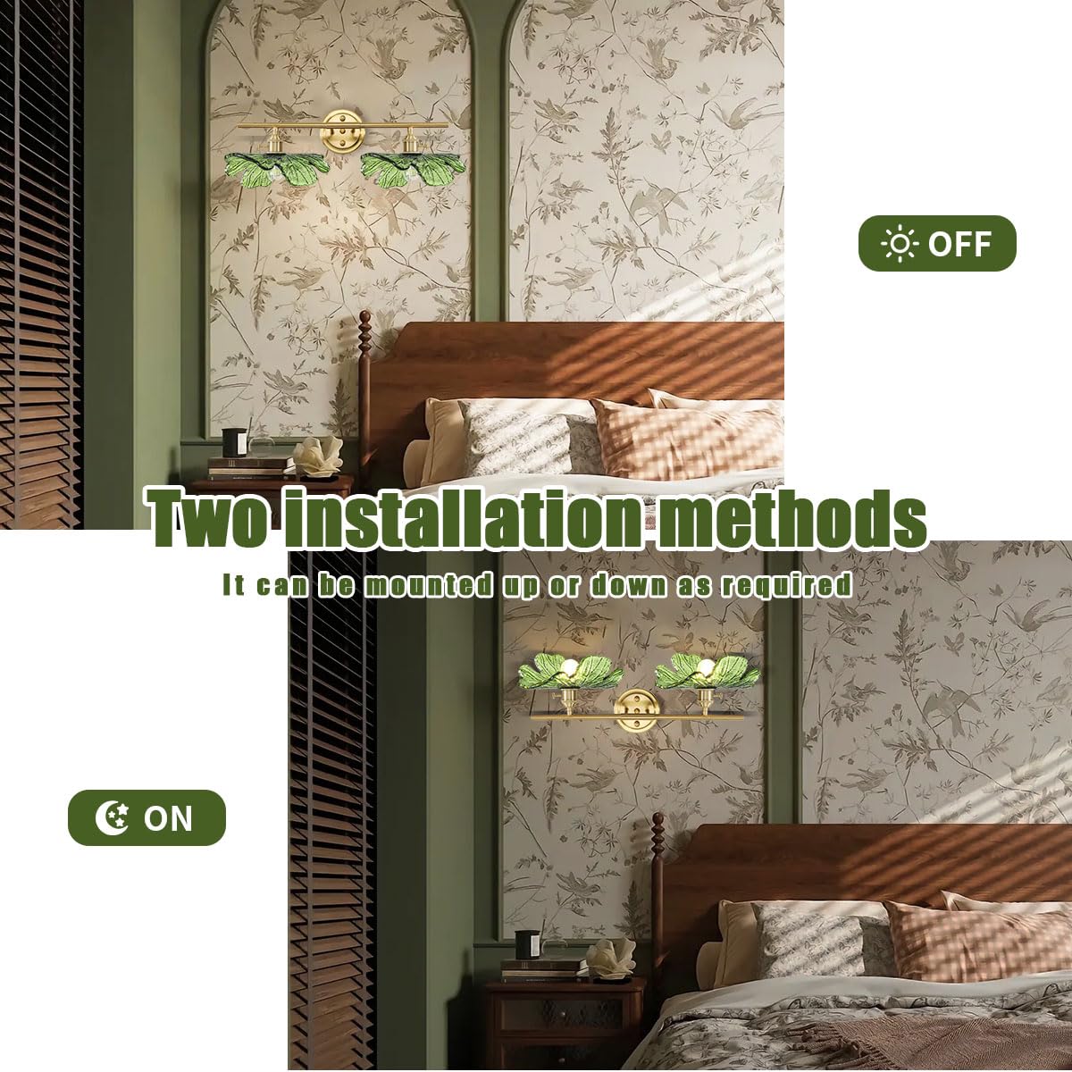 Auwieou Vintage Wall Sconce - 2 Light Bathroom Fixture, Green Glass Shade, Metal, Model Auwi0065
