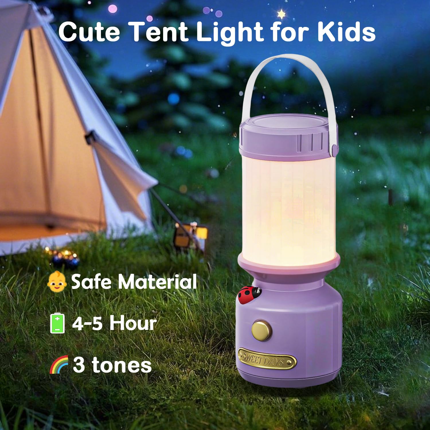 GDSZBYSM Rechargeable Purple Kids Lamp - Portable Night Light, Soft Light, ABS Material, Model PC-PP-01, Perfect for Indoor/Outdoor Use