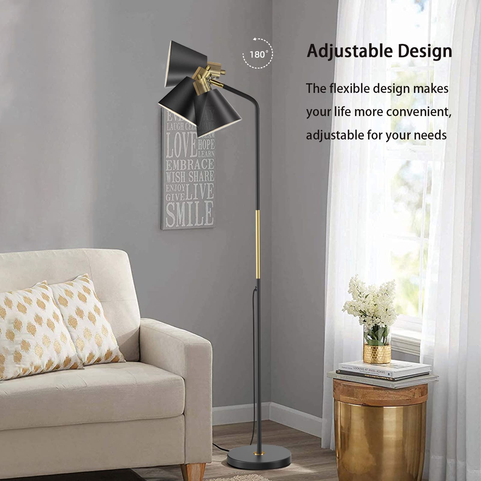 Industrial Floor Lamps For Living Rooms & Bedrooms - Rustic Farmhouse Reading Lamp - Standing, Adjustable Metal Heads Indoor Tas